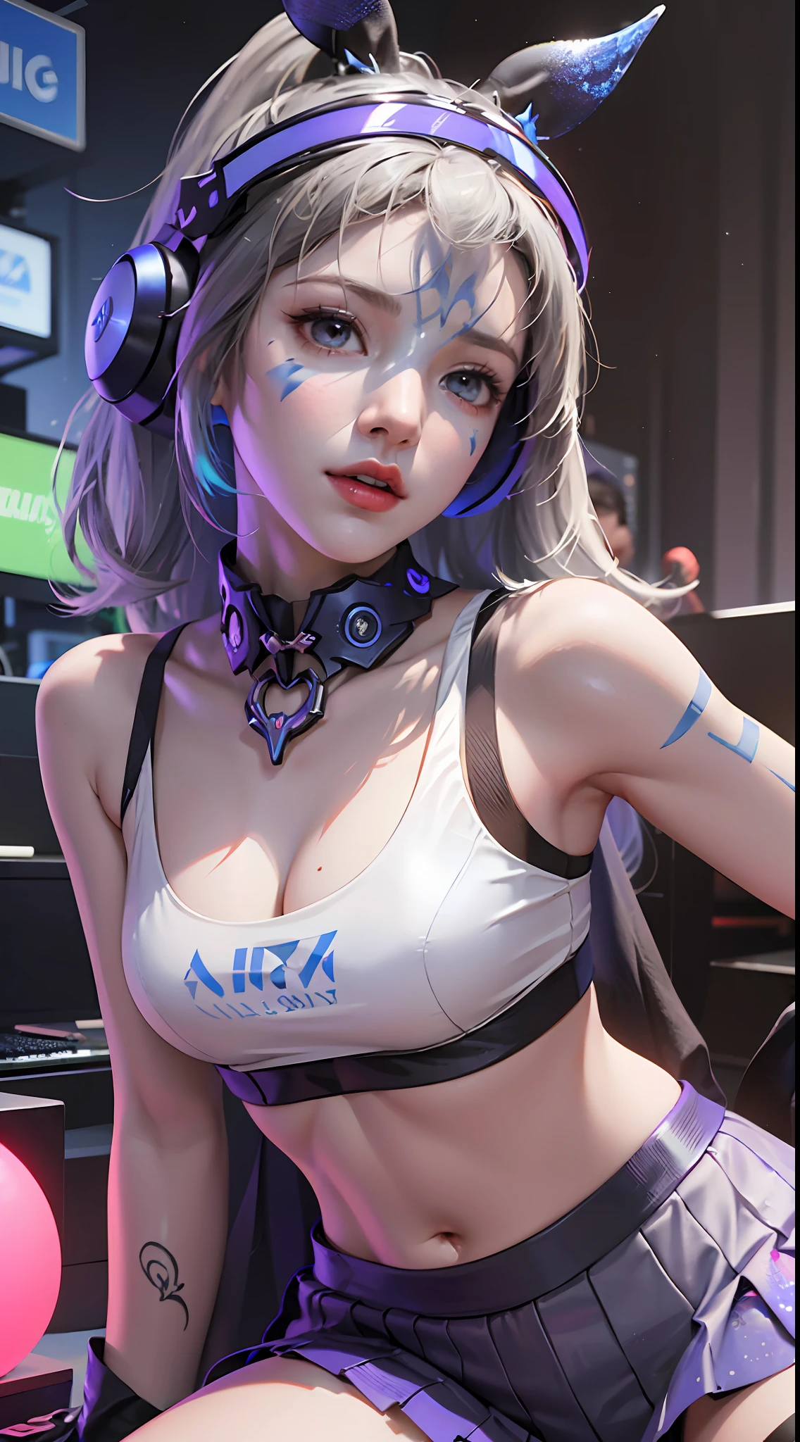 (((((7 avatar shot)))), Silver Wolf, Masterpiece, Best Quality, Ultra Detailed, Extremely Detailed 16k CG Wallpaper, Beautiful Face, (Silver Wolf in Esports Room), (Perfect Beautiful Curved Figure), Seated, Rainbow Color Jewel Eyes, Wearing Resin Hologram Sports Bra, Crop Top Drape, Mini Pleated Skirt, Bell Collar, Logo, Impotence, Contour Light, Concert, Neon Sign, Audio, Bell Collar, Esports Headset, Computer, Esports Room, Play Games, White Interior Through Red Skin, holographic projection, flat sphere, graffiti logo, highly detailed tattoo_,
Authoring information