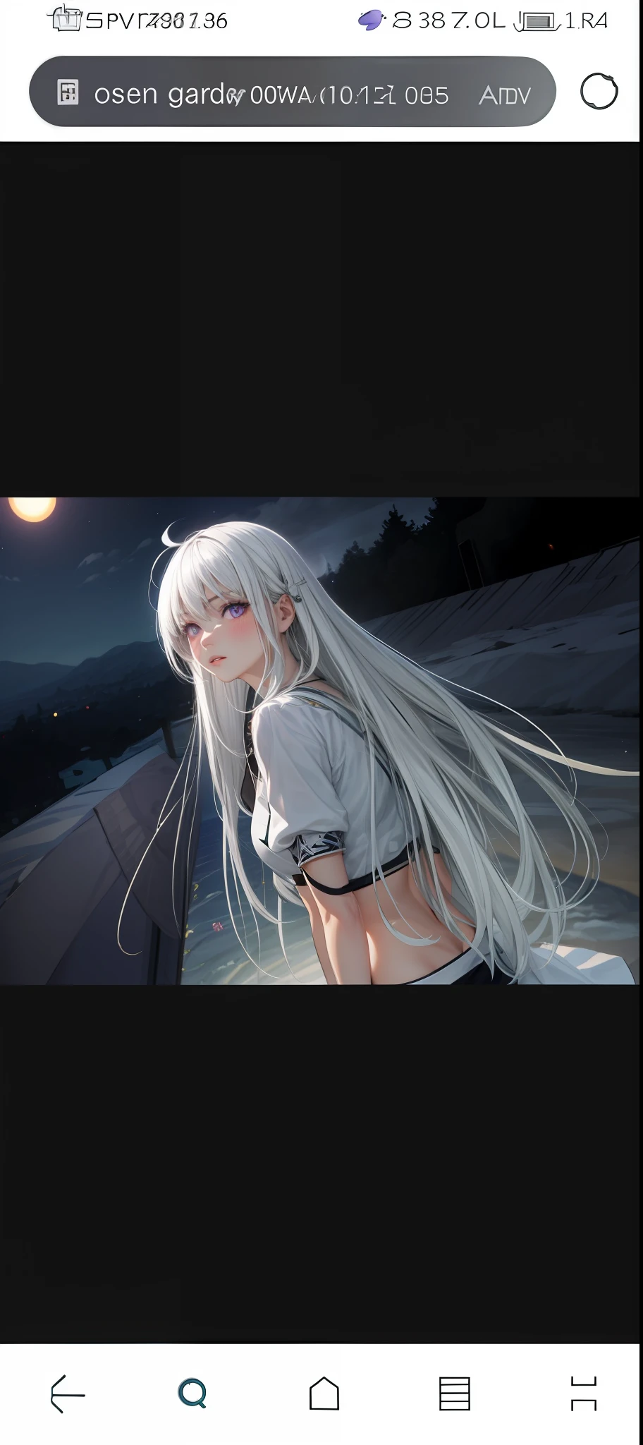 realistic, 1girl, white hair, purple eyes, glowing eyes, crop top, skirt, parted lips, blush, night, flowers, sun, sunlight,