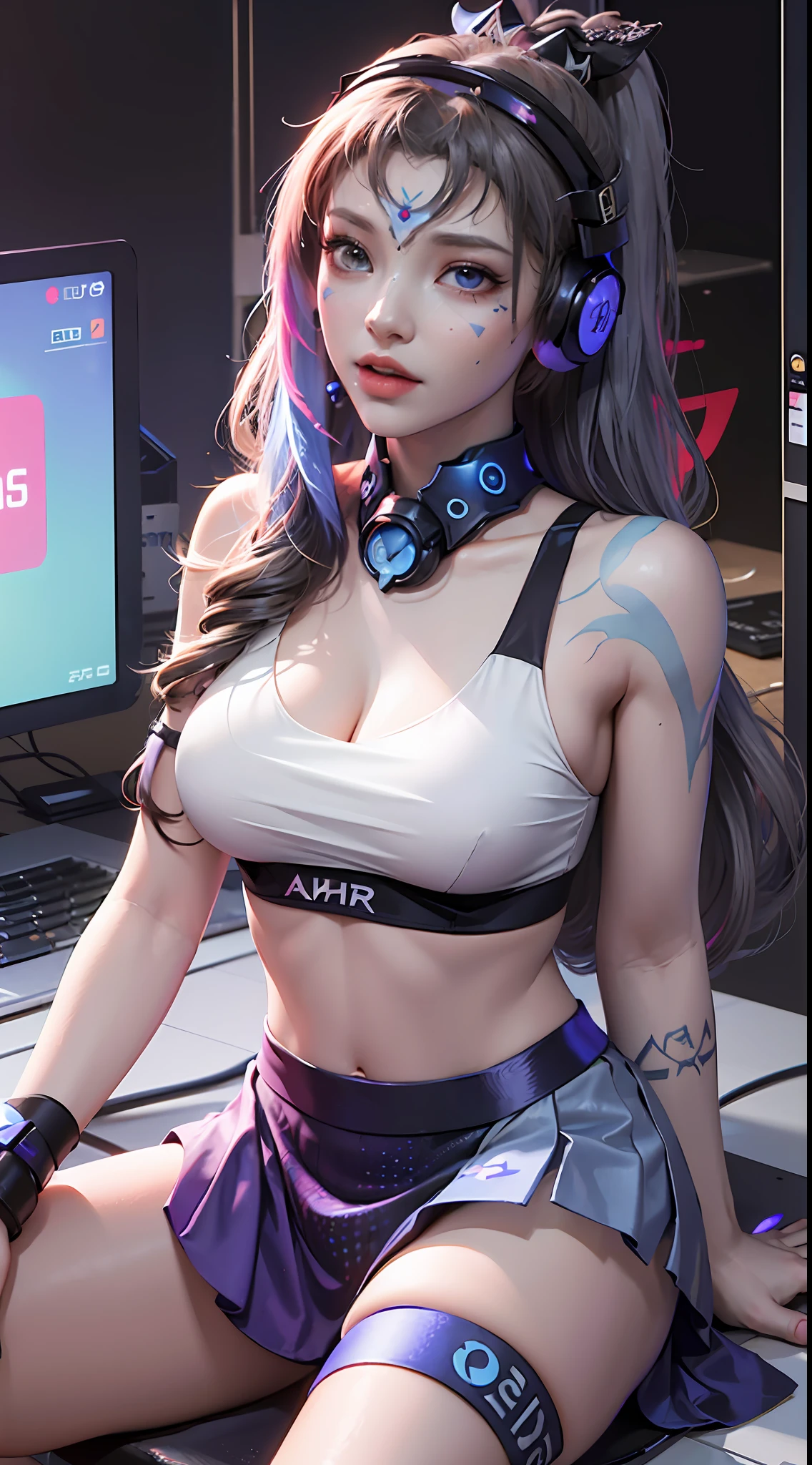 (((((7 avatar shot)))), Silver Wolf, Masterpiece, Best Quality, Ultra Detailed, Extremely Detailed 16k CG Wallpaper, Beautiful Face, (Silver Wolf in Esports Room), (Perfect Beautiful Curved Figure), Seated, Rainbow Color Jewel Eyes, Wearing Resin Hologram Sports Bra, Crop Top Drape, Mini Pleated Skirt, Bell Collar, Logo, Impotence, Contour Light, Concert, Neon Sign, Audio, Bell Collar, Esports Headset, Computer, Esports Room, Play Games, White Interior Through Red Skin, holographic projection, flat sphere, graffiti logo, highly detailed tattoo_,
Authoring information