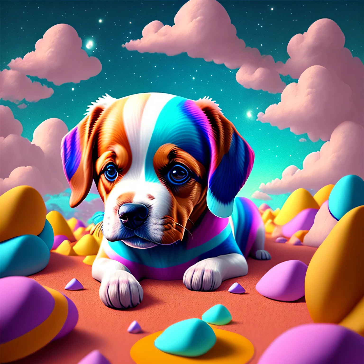 Imagine um cachorro com poderes em um mundo de doces coloridos com nuvens e pirulitos