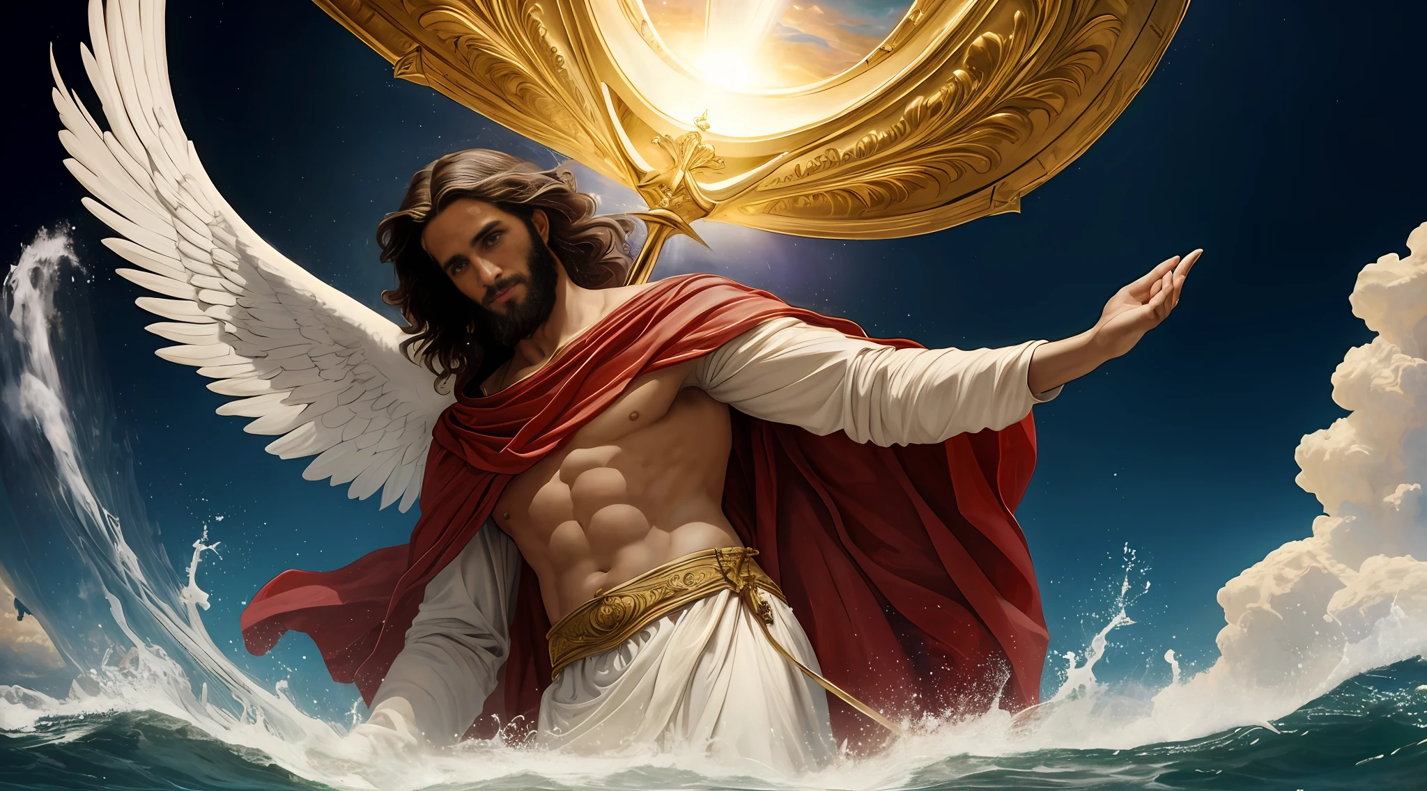 Jesus of Nazareth gigantic wrapped in a white mantle emerging from the waters of the ocean in front of a vortex, Magical portal in the illuminated sky, cruzando las aguas sobre el mar, con olas gigantescas, enormes, (obra maestra, alta calidad), hiperrealismo, Estilo Caravaggio, 8k Renaissance oil painting masterpiece, El nacimiento de Venus (1879) por William-Adolphe Bouguereau estilo, Baroque aesthetics, Venus de Botticelli, Denonios and the Angels, Estilo de arte renacentista. (estilo: el_Rap_de_el_Hijas_de_Leucipo_de_Pedro_Paul_Rubens.),(estilo: Godfrey_Kneller_en_1689.),High resolution,pictorial, Estilo barroco, claroscuro, dynamic composition, Dramatic lighting, colores ricos, Textura detallada, divine expression, escena religiosa, escena flotante