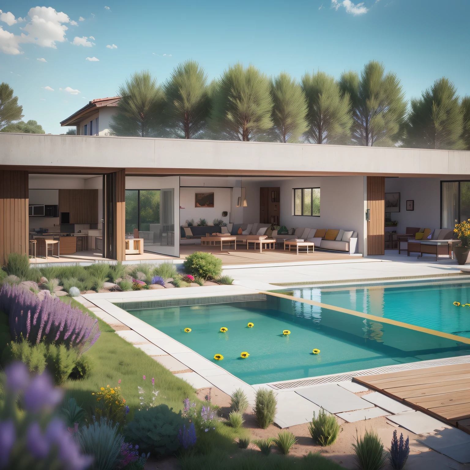 Organic modern architecture on a fairly large plot, from , there is a swimming pool in the middle of a large house of a flower, color of the house in chocolate brown and black beams, large modern residence, flat roofs and garden, render luxcore, render oktane, a photorealistic rendering, architectural rendering, mantra rendering, architectural rendering, realistic rendering, architectural visualization, wellness pool, Architectural visualization, large green zones, with small zones of lavender flowers, green shrubs type lush green garden, as well as small water mirrors, swimming pool embedded in an area of sand, olive and pine trees around the house, paddle court next to the house