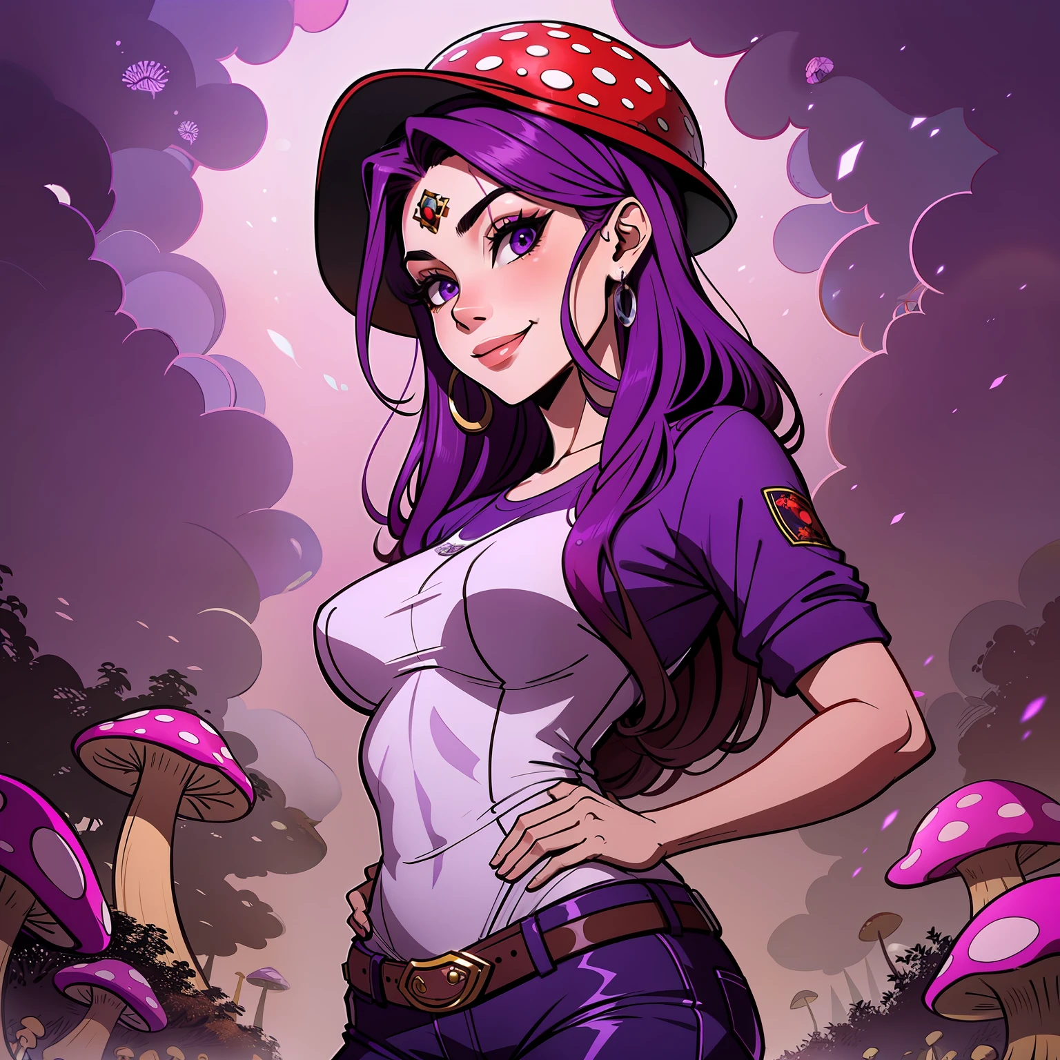 (melhor qualidade, obra-prima), jovem mulher, 16 anos, Druid, esporos, fungos, red mushroom hat on head, purple eyes, cabelos ruivos enrolados curtos volumosos, purple clothes, investigando cogumelo, luz de fundo, parte superior do corpo, pose curiosa, evil smile, fofa,
