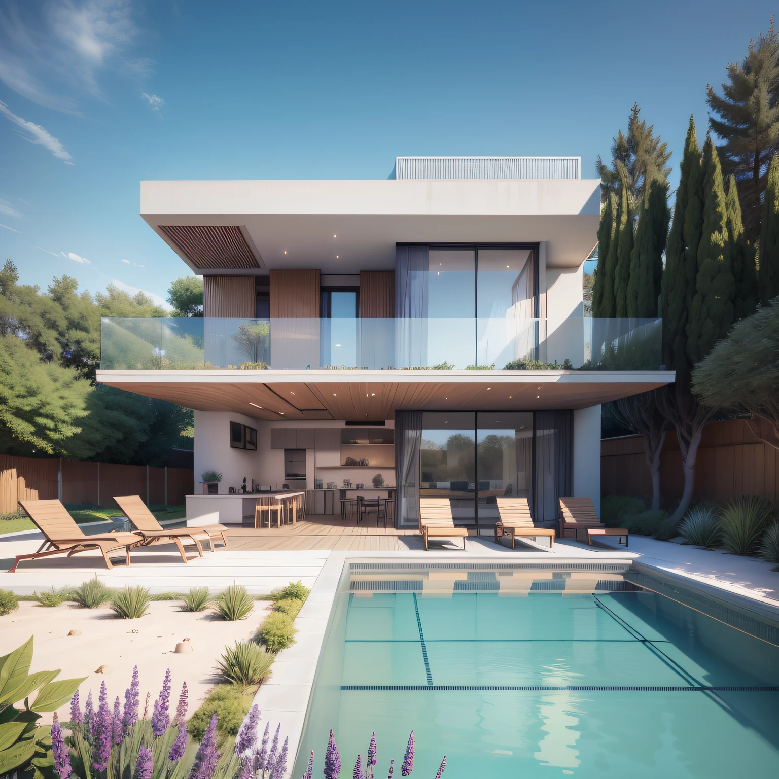 Organic modern architecture on a fairly large plot, from , there is a swimming pool in the middle of a large house of a flower, color of the house in chocolate brown and black beams, large modern residence, flat roofs and garden, render luxcore, render oktane, a photorealistic rendering, architectural rendering, mantra rendering, architectural rendering, realistic rendering, architectural visualization, wellness pool,  Architectural visualization, large green zones, with small zones of lavender flowers, green shrubs type lush green garden, as well as small water mirrors, swimming pool embedded in an area of sand, olive and pine trees around the house, paddle court next to the house