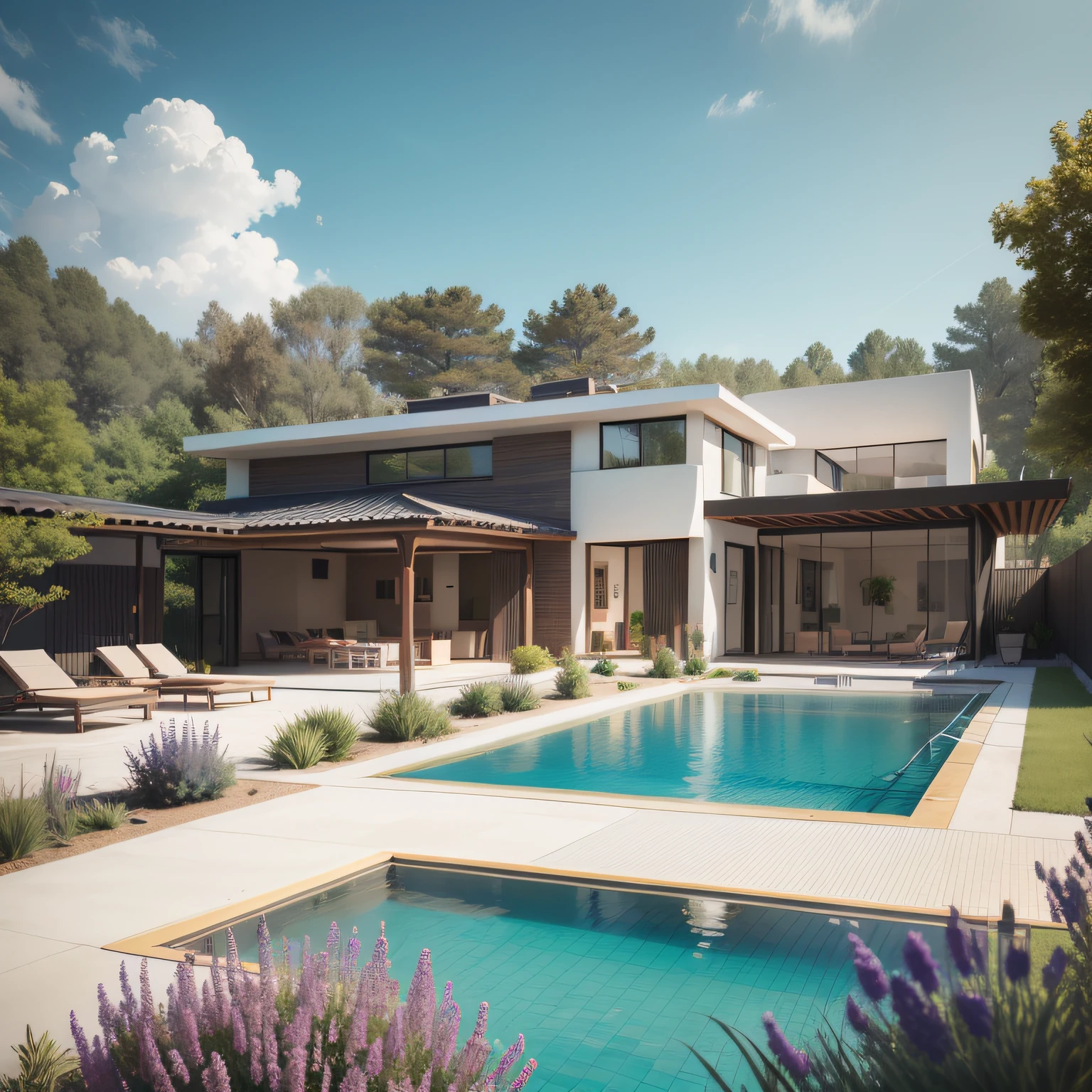 Organic modern architecture on a fairly large plot, from , there is a swimming pool in the middle of a large house of a flower, color of the house in chocolate brown and black beams, large modern residence, flat roofs and garden, render luxcore, render oktane, a photorealistic rendering, architectural rendering, mantra rendering, architectural rendering, realistic rendering, architectural visualization, wellness pool, Architectural visualization, large green zones, with small zones of lavender flowers, green shrubs type lush green garden, as well as small water mirrors, swimming pool embedded in an area of sand, olive and pine trees around the house, paddle court next to the house