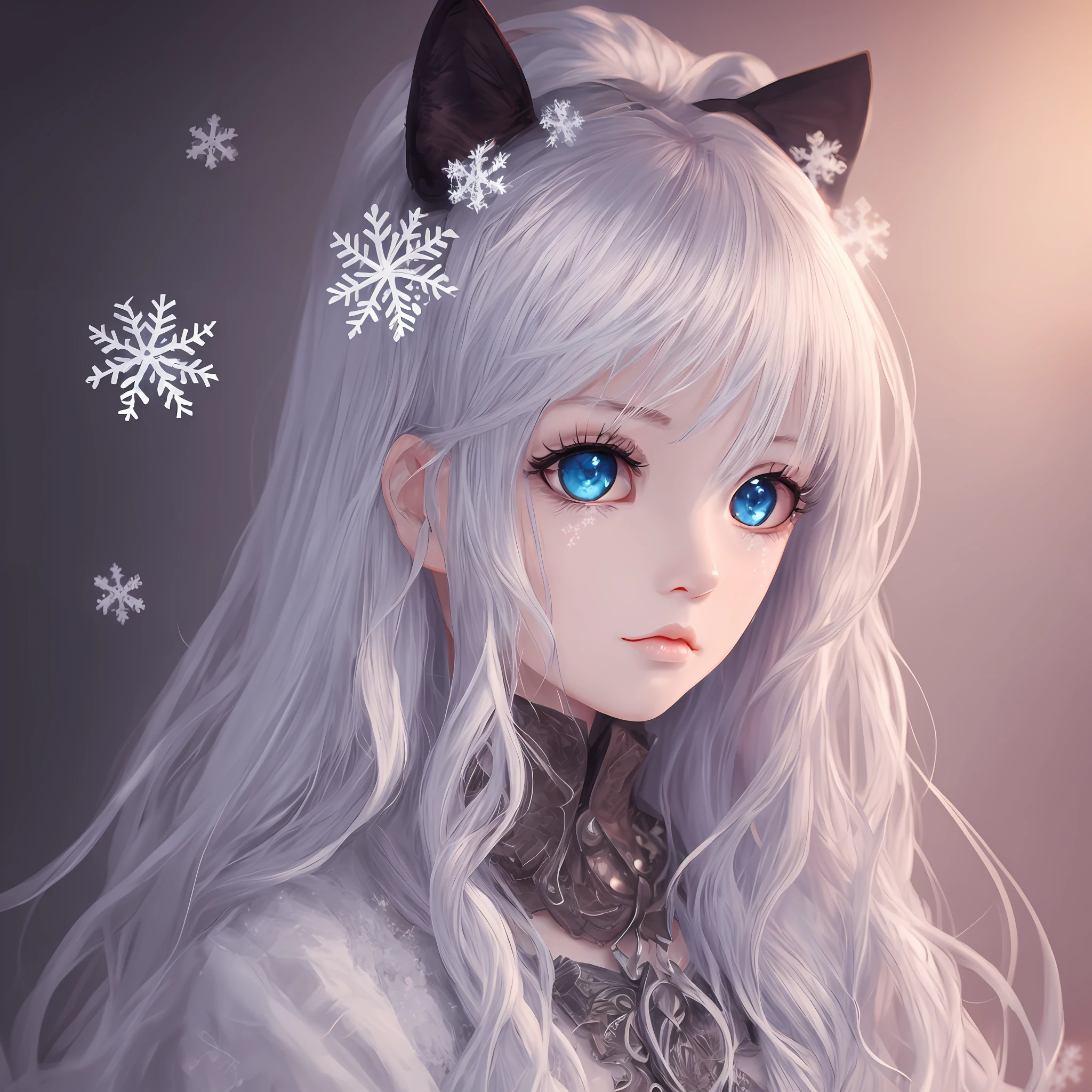 Silver hair, long whitr hair,snowflake hair ornament, Off-white eyes, saliva, turn pale, full blush, saliva trail, surrealism, Anime, 8K, Super detail, 16k --auto