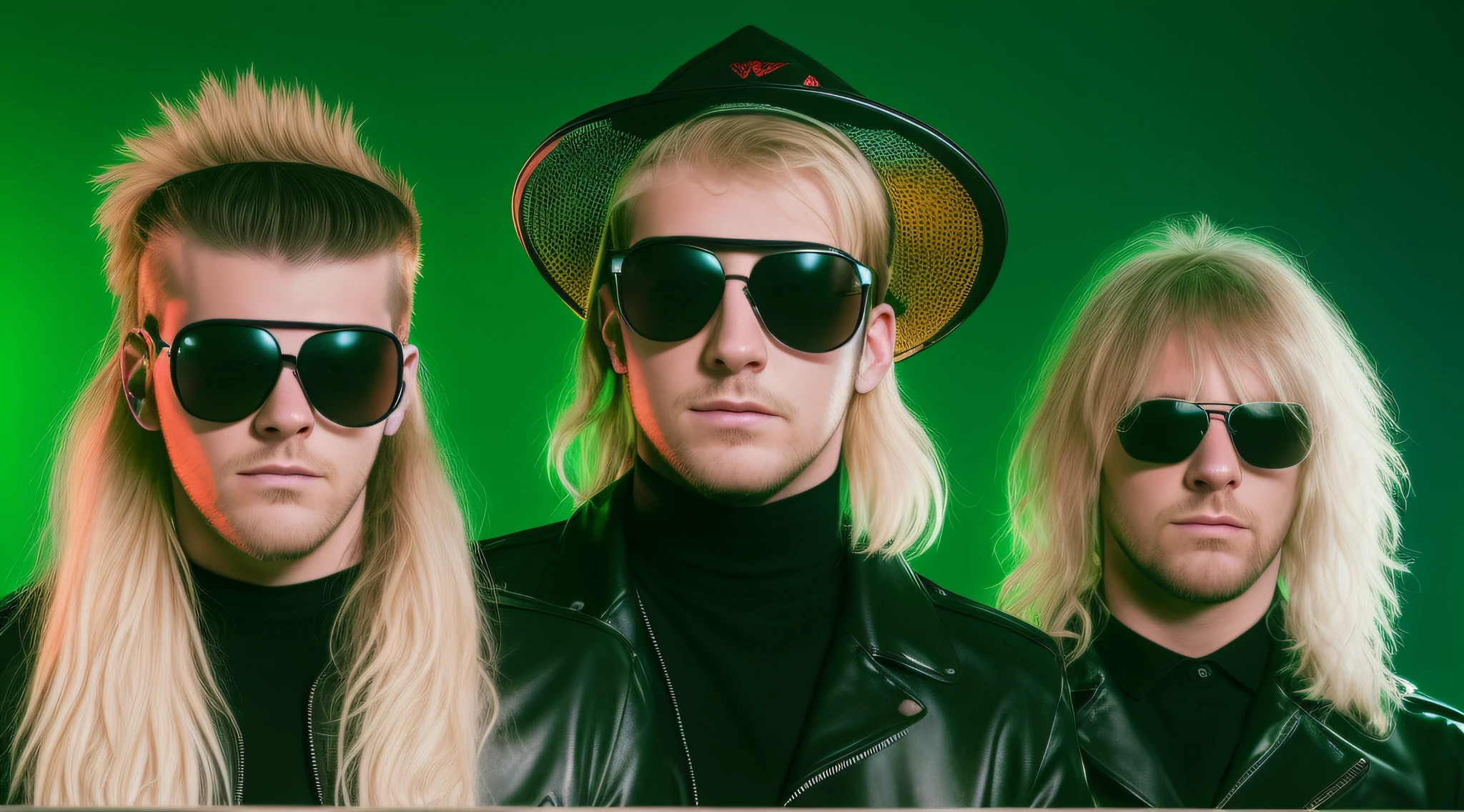 3 BLONDE BOYS LONG HAIRED, in black leather jackets and sunglasses, HALF BODY, SOFT GREEN BACKGROUND LIGHTS, posing for a photo, high quality photo, very low quality image, heavy rock band promotional photo, phosphorescent, heavy metal band promo, photo of a promotional session, very high quality, war photo, the scooter (EDM band, sinister vibe, the name of the band is Roborock