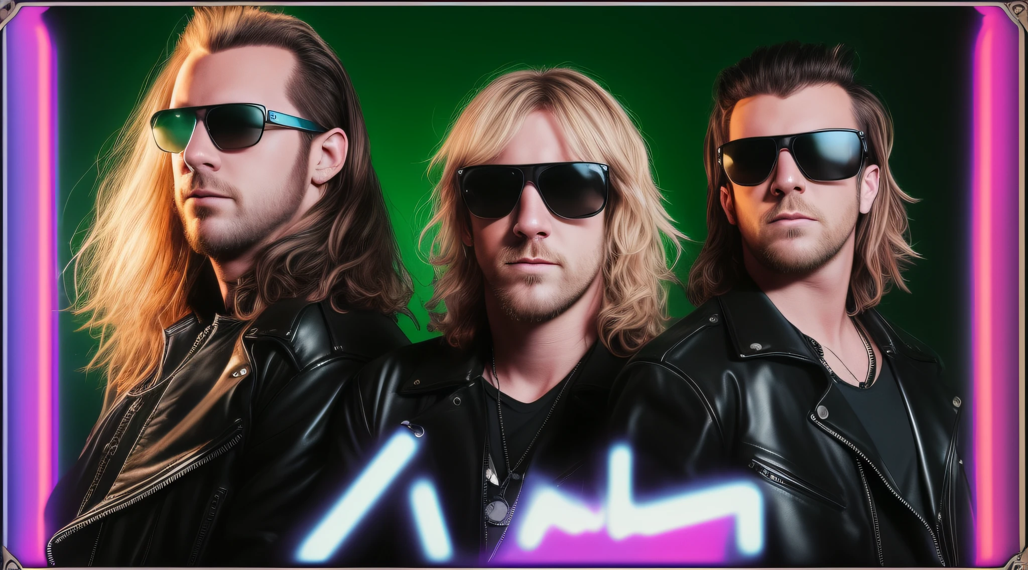 3 BLONDE BOYS LONG HAIRED, in black leather jackets and sunglasses, HALF BODY, SOFT GREEN BACKGROUND LIGHTS, posing for a photo, high quality photo, very low quality image, heavy rock band promotional photo, phosphorescent, heavy metal band promo, photo of a promotional session, very high quality,  war photo, the scooter (EDM band, sinister vibe, the name of the band is Roborock
