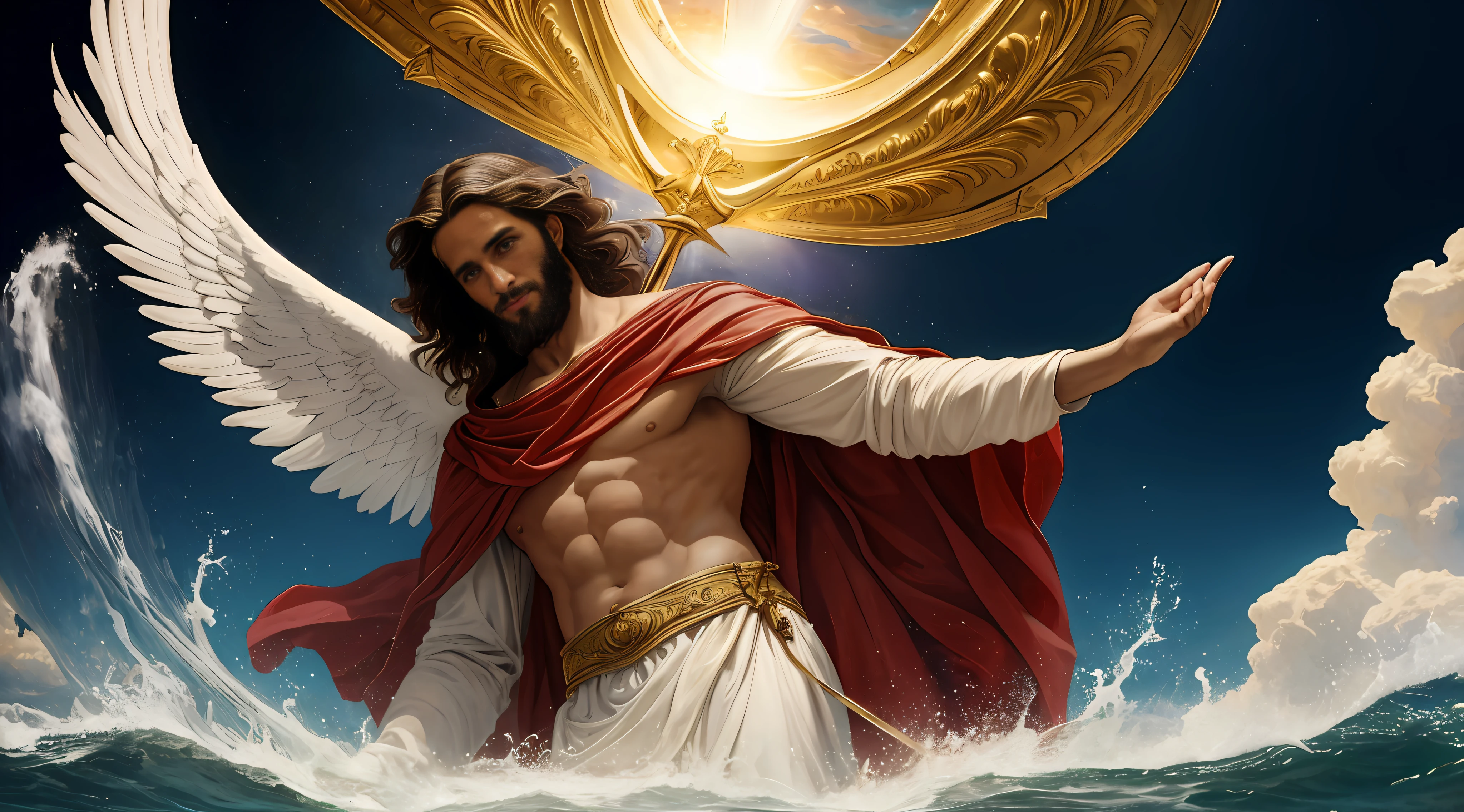 Jesus of Nazareth gigantic wrapped in a white mantle emerging from the waters of the ocean in front of a vortex, Magical portal in the illuminated sky, cruzando las aguas sobre el mar, con olas gigantescas, enormes, (obra maestra, alta calidad), hiperrealismo, Estilo Caravaggio, 8k Renaissance oil painting masterpiece, El nacimiento de Venus (1879) por William-Adolphe Bouguereau estilo, Baroque aesthetics, Venus de Botticelli, Denonios and the Angels, Estilo de arte renacentista. (estilo: el_Rap_de_el_Hijas_de_Leucipo_de_Pedro_Paul_Rubens.),(estilo: Godfrey_Kneller_en_1689.),High resolution,pictorial, Estilo barroco, claroscuro, dynamic composition, Dramatic lighting, colores ricos, Textura detallada, divine expression, escena religiosa, escena flotante