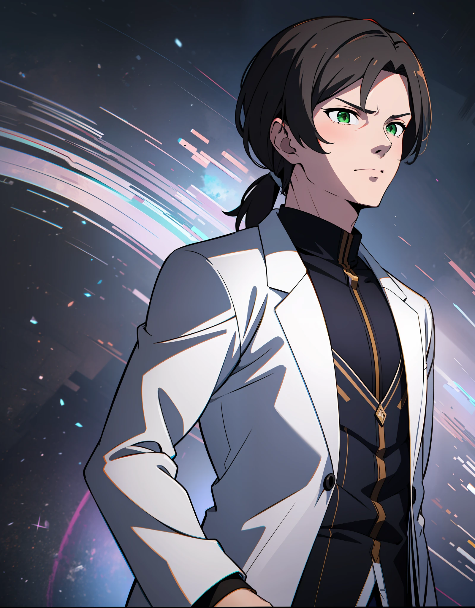 1boy, young adult, ((man focus)), sharp face, manly face, anime style, solo, ((Best Quality)), ((masterpiece)), (detailed: 1.4), dark hair, high_ponytail, emerald green eyes, sharp eyes, handsome, with a white doctor trench coat, black suit vest, noble appearance, black turtleneck shirt, white pants, black boots, elegant appearance, a real gentleman, good face, beautiful eyes, ray tracing, super resolution, Subsurface dispersion, PBR texturing, Anisotropic,Depth of field,Maximum clarity and sharpness,Multilayer textures, Surface shading,Accurate simulation of light-material interaction,Perfect proportions,Octane Render,Two-tone lighting,Wide aperture,Low ISO,White balance,Rule of thirds, Nature theme, atlétic figure,