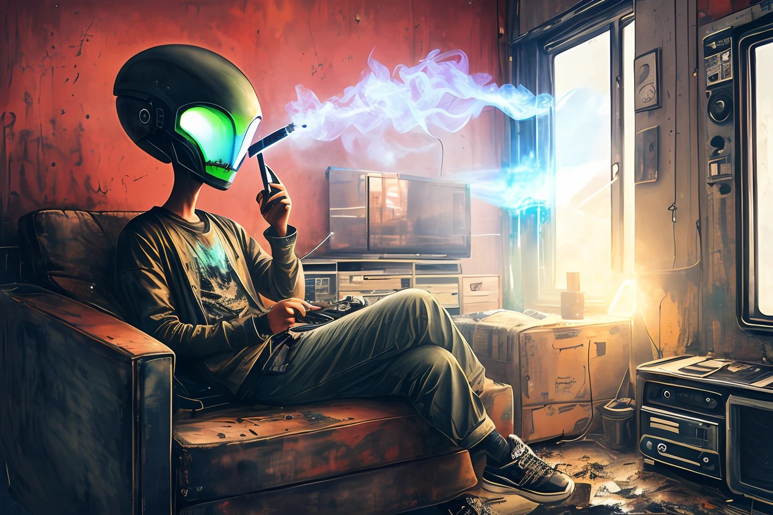 an alien sits on a ragged dirty couch and smokes a cigarette in one hand while he holds a tv remote in the other, grungy, dirty, filth, interior, apartment, dim light, hd, 8k, painted, watercolor