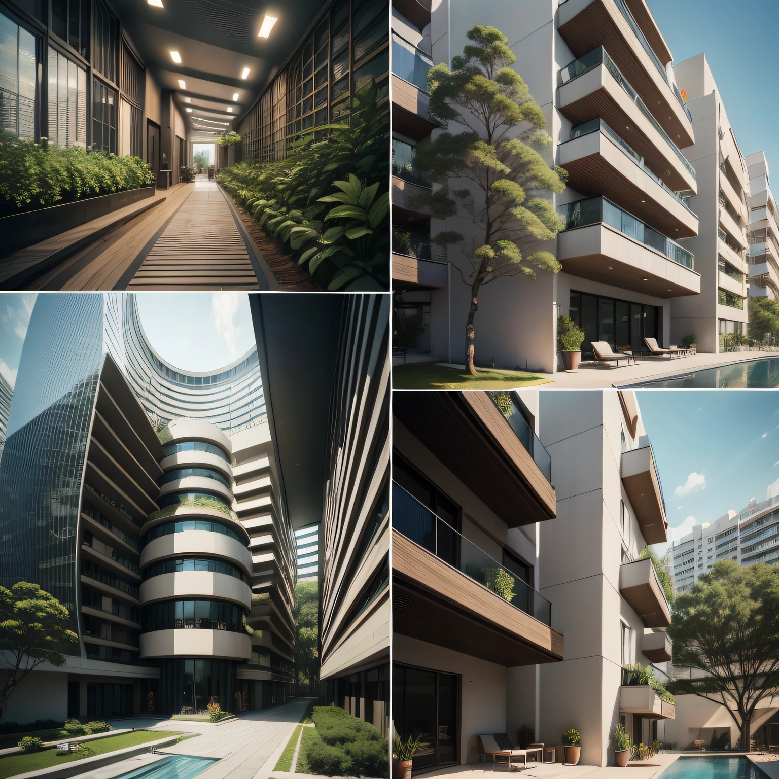 Imagine detalhes da folha de detalhes do concurso de arquitetura de estilo moderno, arquitectura futurista, arquitectura de um grande hotel moderno, arquitectura bastante detalhado, various images, imagens de exterior e de interior, lots of trees, pinheiros em redor do hotel com uma grande piscina em um grande devo