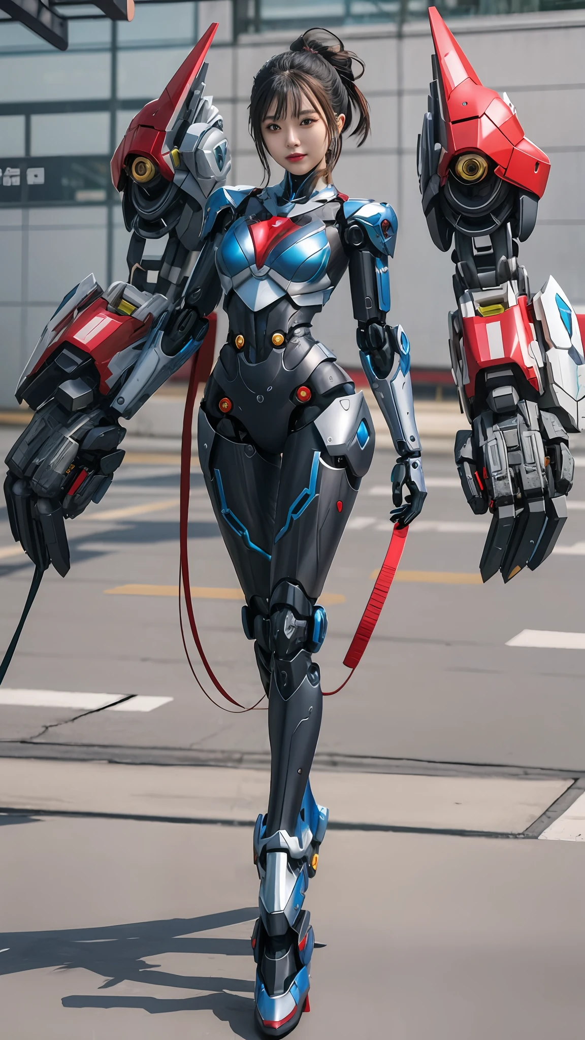 There is a woman in black and red holding a robot, girl in mecha cyber armor, cyberpunk anime girl mech, Mechanized Valkyrie girl, female mecha, anime robotic mixed with organic, perfect anime cyborg woman, japanese cyborg, cyborg fashion model, gynoid cyborg body, Mecha suit, perfect cyborg female
