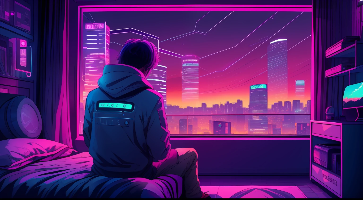 paisagem noturna no estilo lofi, personagem deitado na cama ouvindo musica, um quarto gamer escuro, neons, peleta nas cores lilas e ciano, com uma janela com a vista de uma cidade cyberpunk com a lua ao fundo