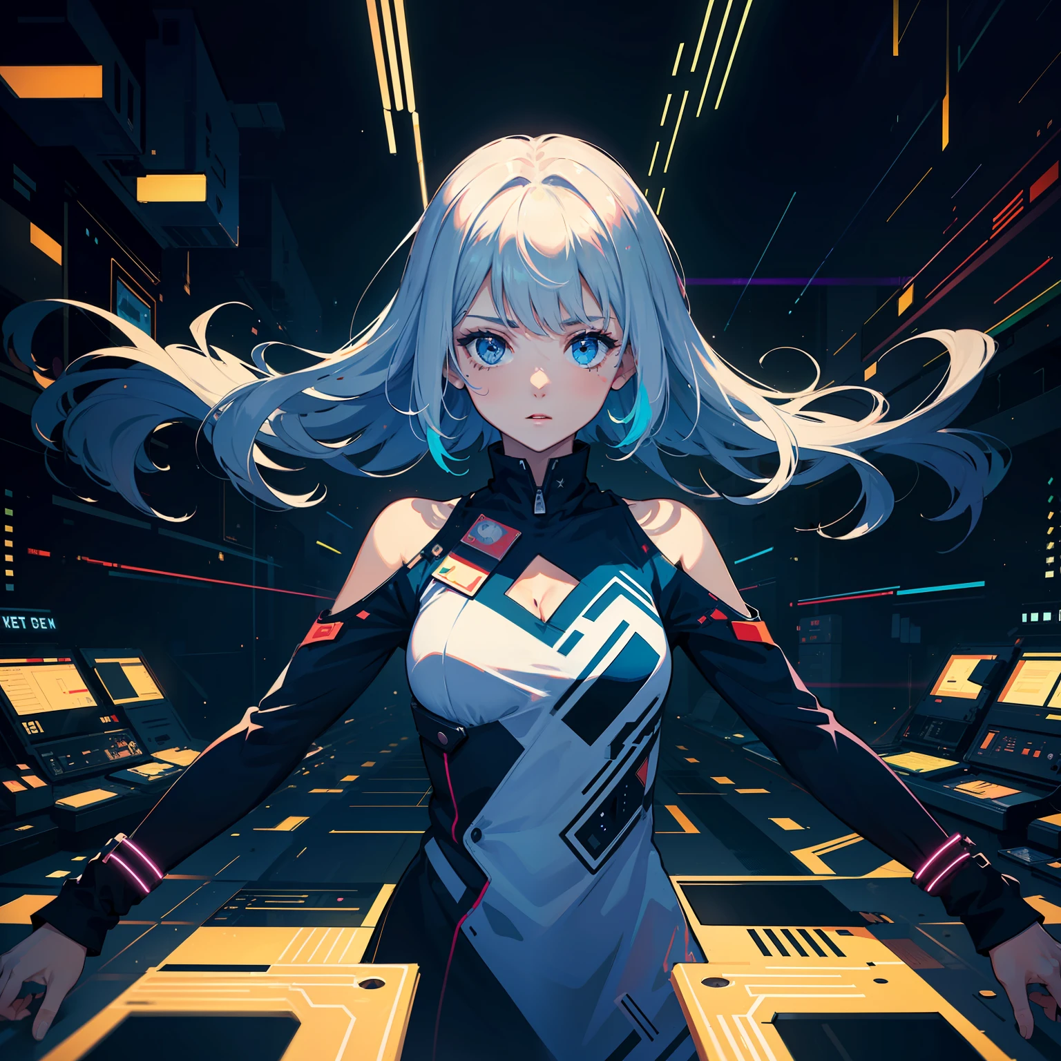 masterpiece,best quality,highres,poster,
(1girl:1.4),upper body,(PCB:1.3),(digital glitch:1.2),motion lines,speed lines,light lines,spread out from center,
colorful ink splash,light particles,