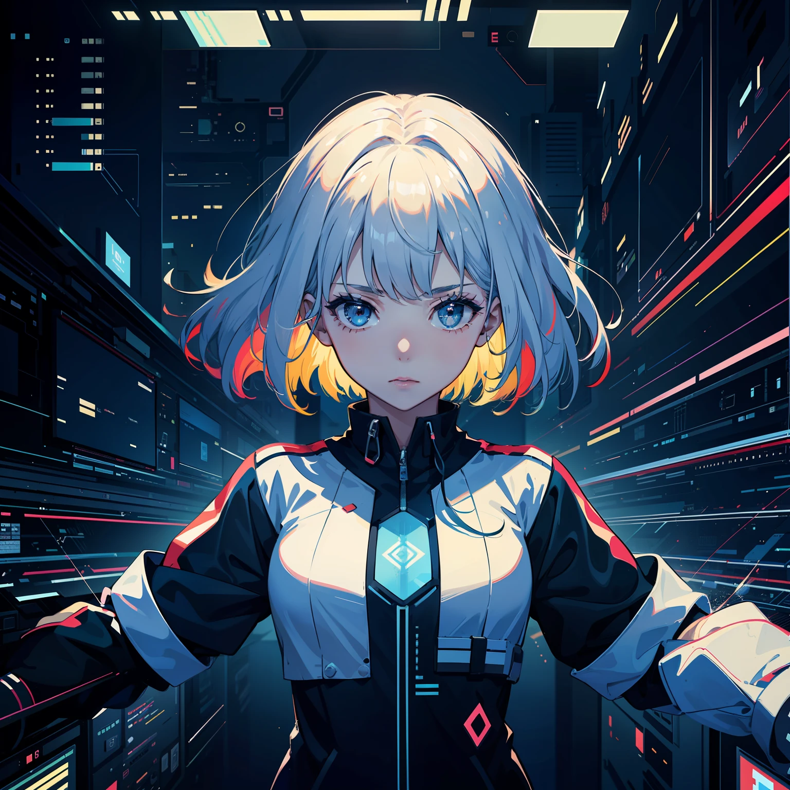 masterpiece,best quality,highres,poster,
(1girl:1.4),upper body,(PCB:1.3),(digital glitch:1.2),motion lines,speed lines,light lines,spread out from center,
colorful ink splash,light particles,