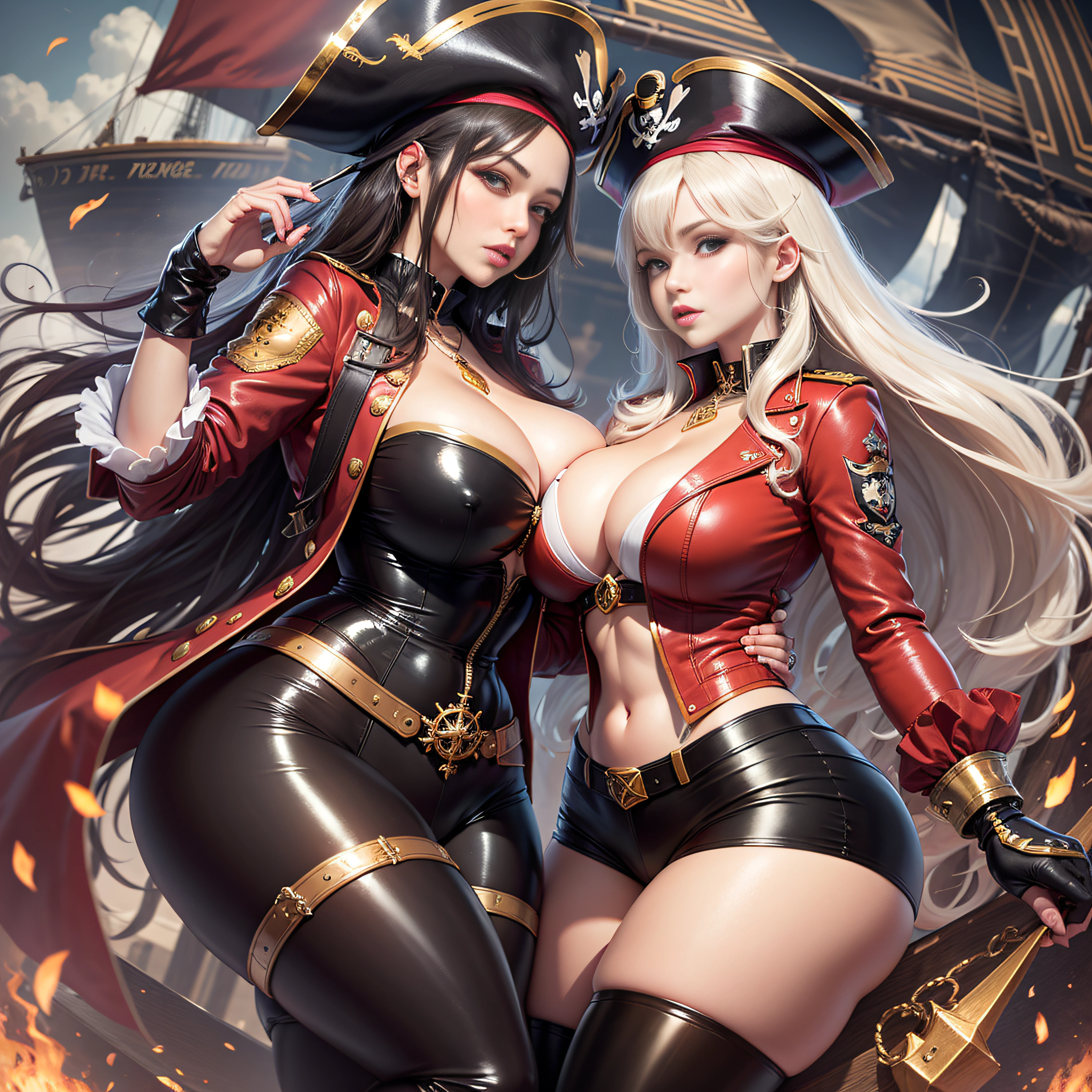 pirate captain outfit with pirate hat, red jacket with gold tassels, white frilly blouse, black pants, brown thigh high boots, eye patch, massive breasts, massive hips, massive thighs, massive calves, slender waist, hourglass figure, shiny black pantyhose, piloting a wooden ship, detailed eyes, leggings, kissing each other, 4K high resolution