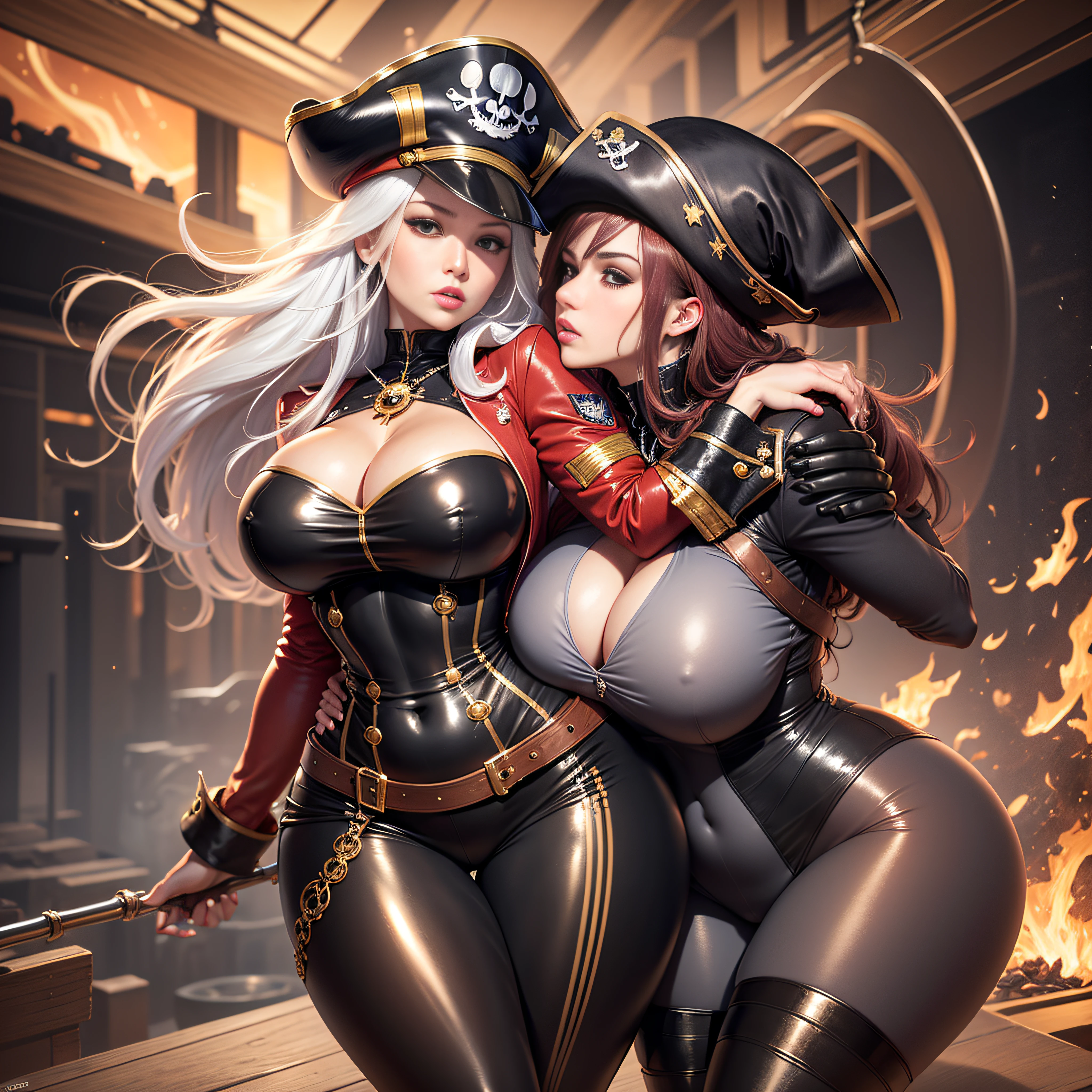 pirate captain outfit with pirate hat, red jacket with gold tassels, white frilly blouse, black pants, brown thigh high boots, eye patch, massive breasts, massive hips, massive thighs, massive calves, slender waist, hourglass figure, shiny black pantyhose, piloting a wooden ship, detailed eyes, leggings, kissing each other, 4K high resolution