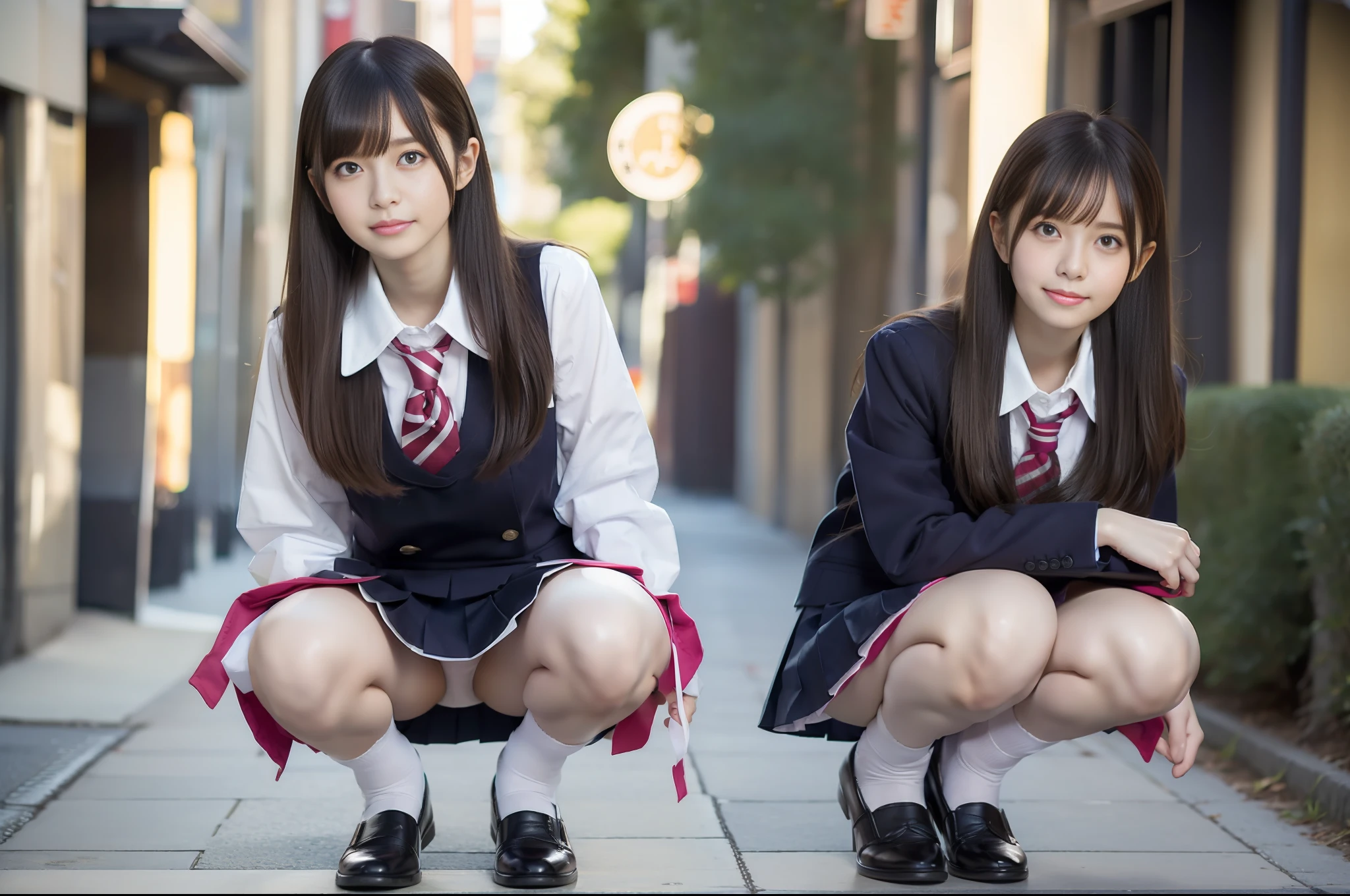 Move the center of gravity back, pretty embarrassing, no panties, thin legs, sidewalk, RAW photos, 8K, highest quality, super high resolution, beautiful face in detail, realistic human skin, gentle expression, front view, angle from below, long hair, realistic, photorealistic, cute, short skirt, squatting deep in the city, cute schoolgirl, wearing Japan schoolgirl uniform, surreal schoolgirl, Full body, no panties, there are camel toes, legs wide open, see-through underwear, pubic hair sticking out of underwear