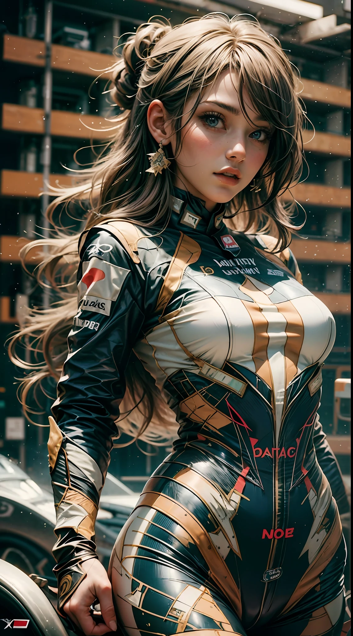 Amazingly realistic images of beautiful girls in sexy semi-open F1 outfits、Show off long flowing hair