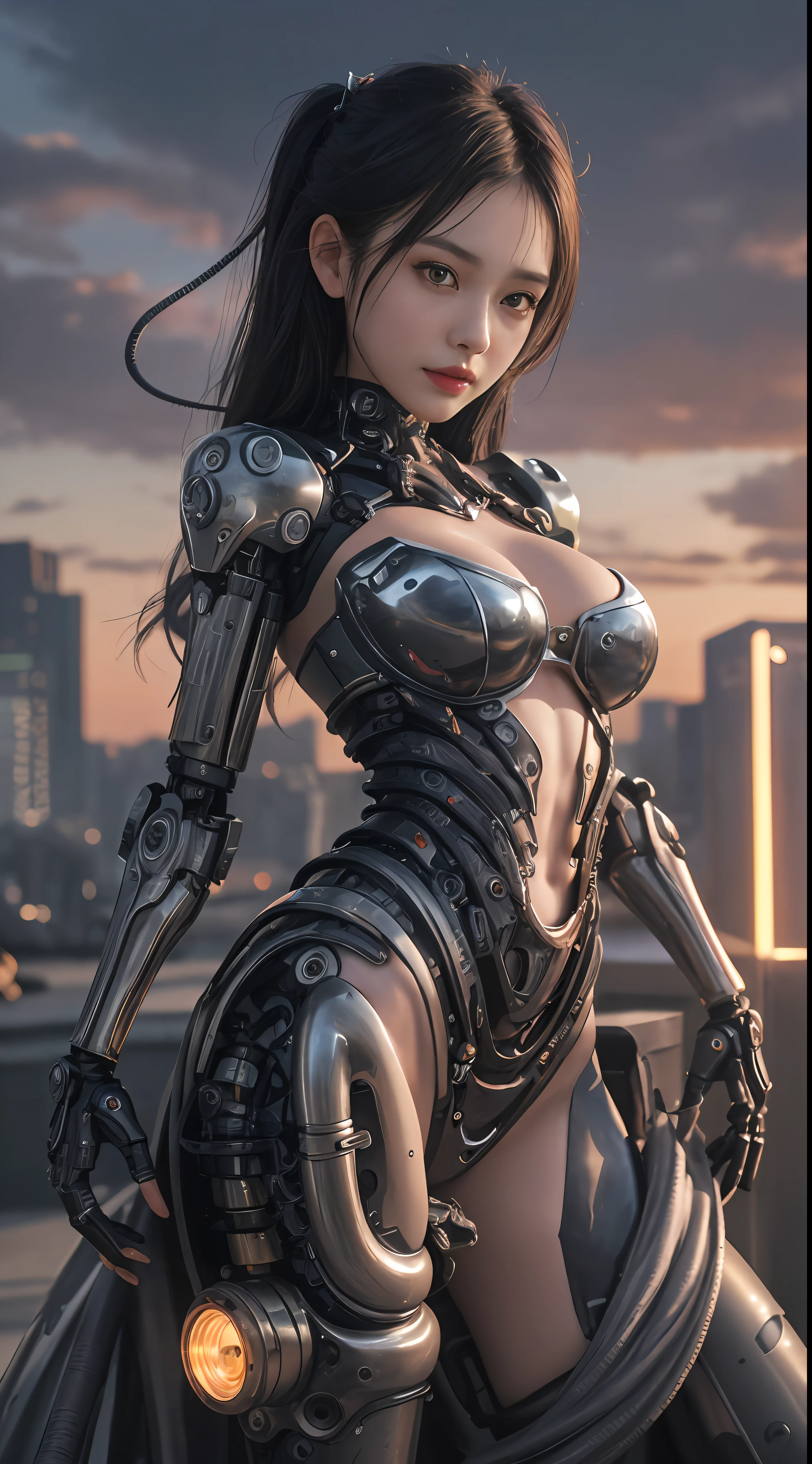Cute young teen biomechanical steampunk battle cyborg woman realistic movie shallow focus scene, More about her full body steampunk、Stands in fluid movement in a simple barren place with stunning cloud landscapes and sunsets、Hydraulic cylinder、meter、pipes、led lamp、vacuum tubes、processor、LED、Fiberglass、exhaust pipe、radiator、electronic circuitry、
The cleavage is visible、
(wearing futuristic clothing (tangerine:0.3) Her intricate and detailed anatomically sculpted biomechanical graphite steampunk body, (Biomechanical Graphite Steampunk Cyborg Grady、Complex and detailed anatomical sculpted with goth loli detail).Futuristic headset、
(Anatomically sculpted biomechanical graphite steampunk cyborg、More on the elegant and glamorous goth loli、cables, Wires and microchips are、Skillfully on her female cyborg body)
Slender hot fit body with a gorgeous young round face, expressive big round eyes,
Captured with bright natural light and beautiful vibrant colors. Stunning steampunk-style 8K resolution images.
The scene has a strong heroic unconquerable mood, a masterful complete scene of the female full body standing with a happy expression.