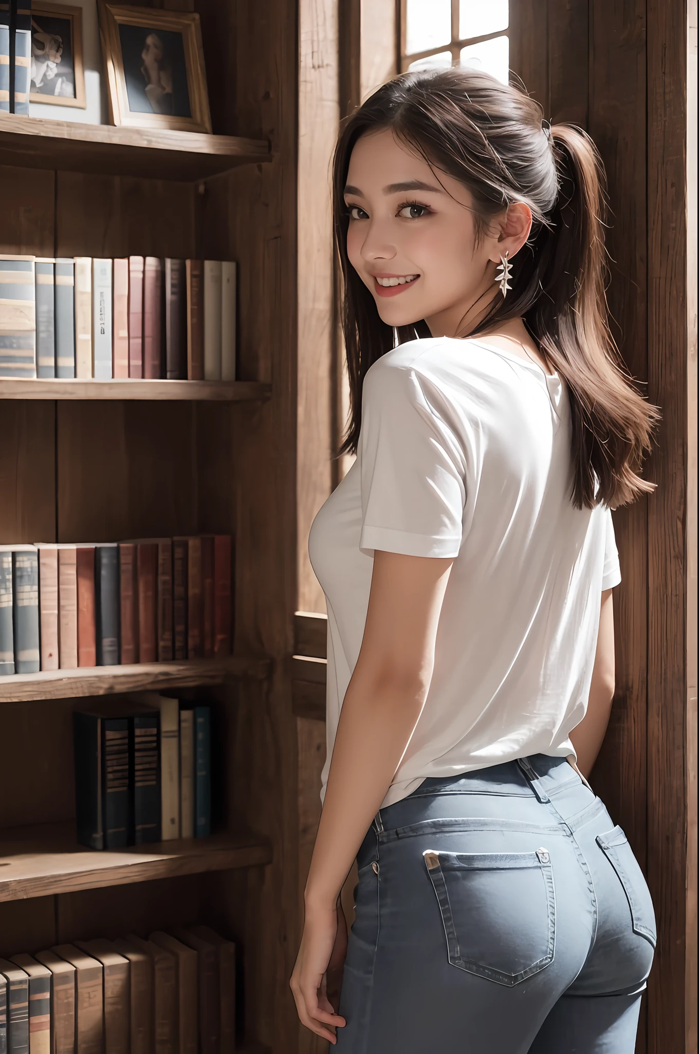 Ultra realistic 8K CG, masutepiece, ((hyper detailed background, Delicate pattern, intricate detailes, Highly detailed, fine details best quality, hyperdetailed face)), (Photorealistic:1.4),Beautiful lighting, absurderes, Raw photo, Film grain, Pudding-chan, 1girl in, Solo, ((Slim Girl, medium breasts, White T-shirt, jeans, Simple T-shirt)), Long hair, Brown eyes, Twin-tailed, Smile, Open mouth, Jewelry, earrings, Dress, 鎖骨, blush, ((intricate detailed background, Inside, castle room environment, a medieval castle, Gray walls, window, bookshelf)) ((Cowboy Shot, from behind)),