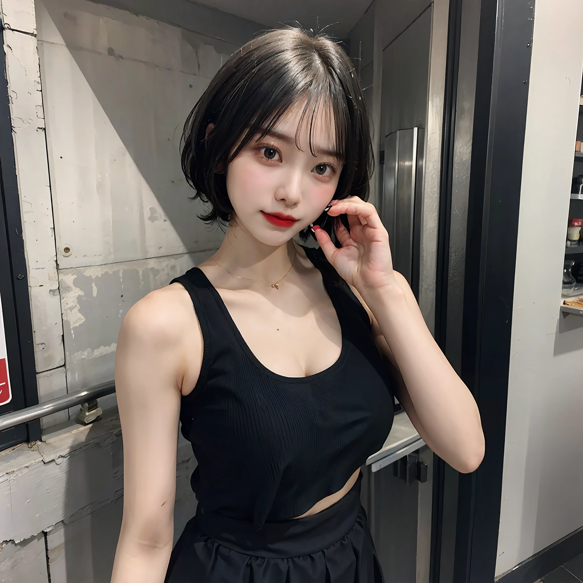 1 cute tomboy girl with big breast and Ted gray short hair, black tank top, black short skirt,eating ice crime