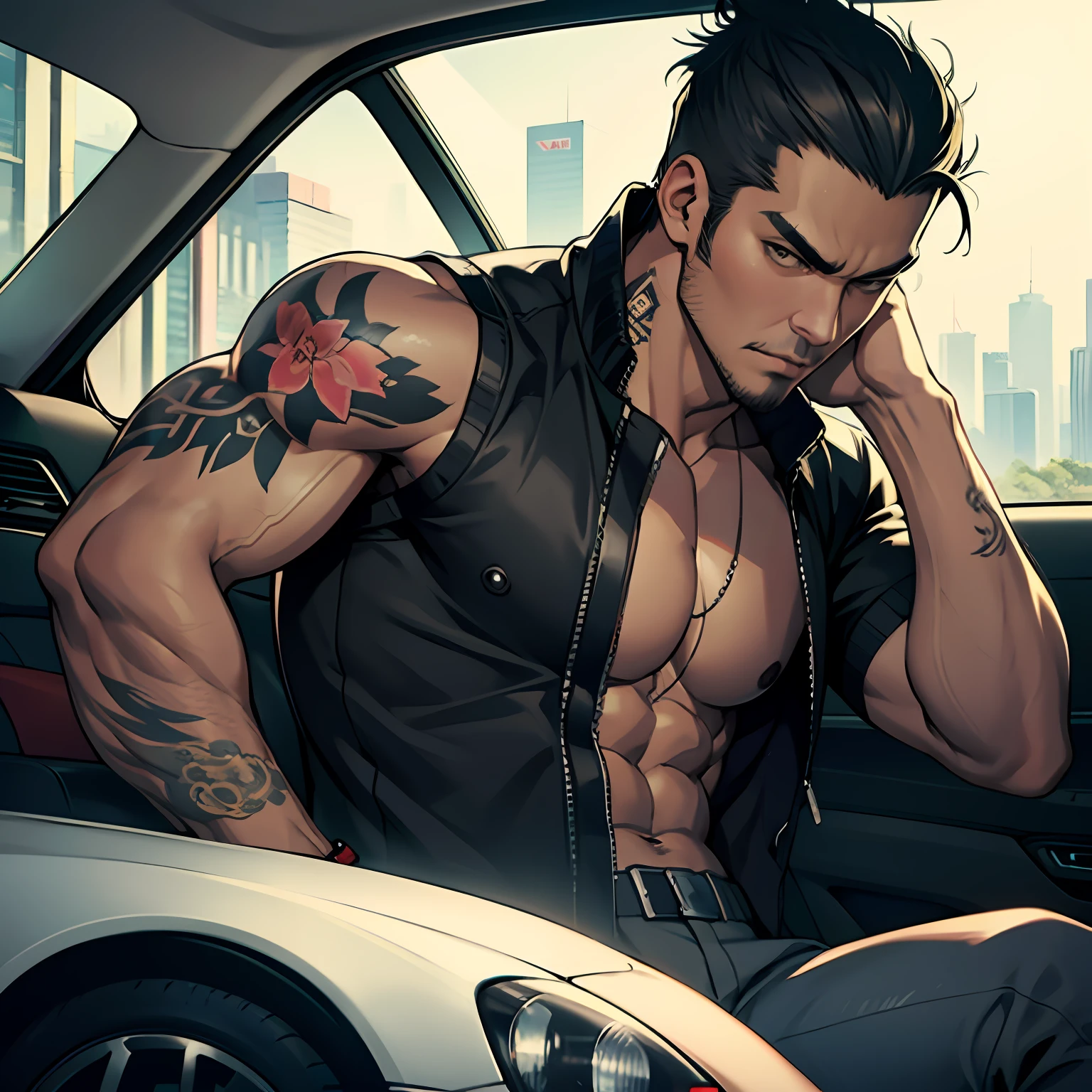 Yakuza 5 people, Front of the car, black, tattoo, The Perfect Car, Perfect bodies, In costume, 5 Male Yakuza