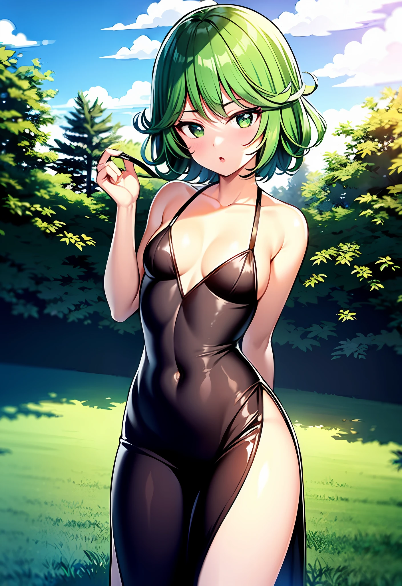 Natural Volumetric Lighting And Best Shadows, Deep Depth Of Field, Sharp Focus,1girl, solo, Terrible_Tornado,looking_at_viewer, blush, short_hair, bangs, green_hair, green_eyes,detailed eyes, collarbone, thighs, small_breasts, outdoors, parted_lips, green_hair, float, cloud, dark green dress, cloudy_sky, pelvic_curtain, side_slit, curly_hair, flipped_hair,floating gravel,