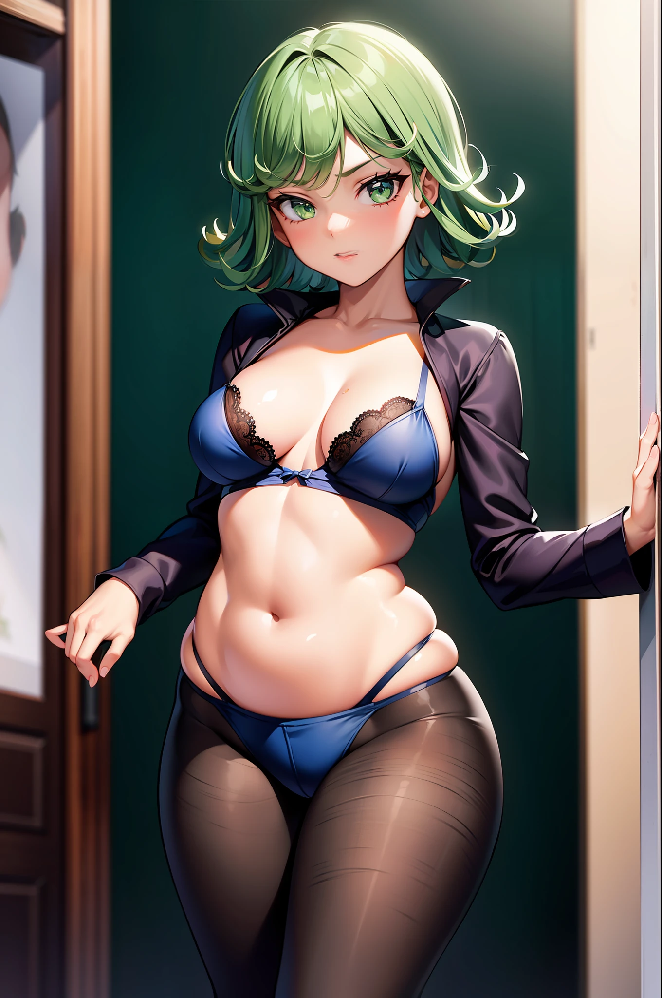 1 girl, Tatsumaki (pelvic curtain: 1.3) black transparent erotic lingerie, masterpiece, official art, hyperfocus, sakimi zen (best quality: 1), (masterpiece: 1), (super detail: 1), ( tights: 1.2), 1 girl, plump, embarrassed to look at the audience, puffiness, small breasts, tiny breasts, large areola, denim shot, solo, simple background