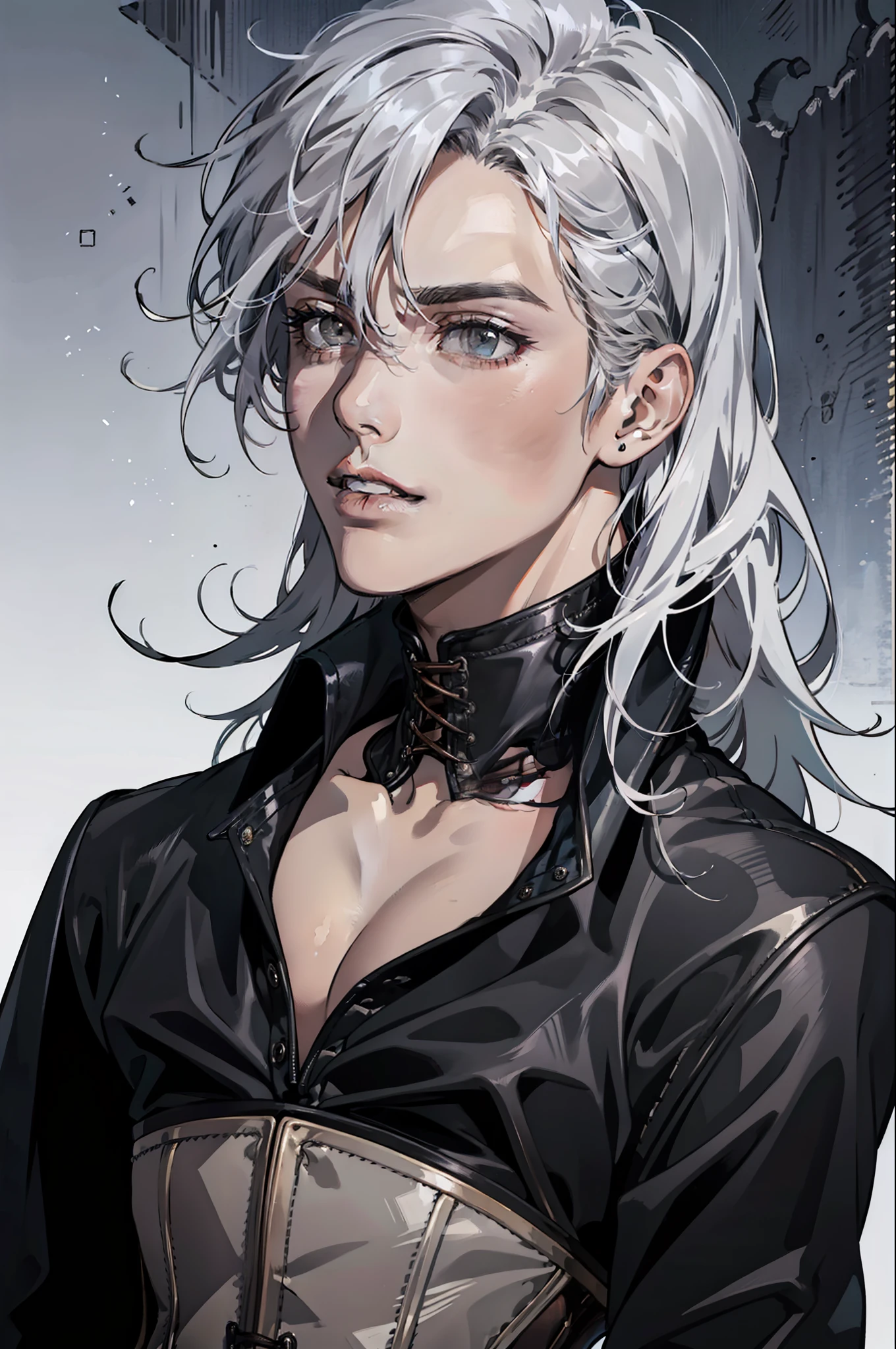 (absurdres, highres, ultra detailed), 1man, 30 years old man, adult man, handsome, tall,, finely detailed eyes and detailed face, leather pants, (((open chest))), (((underbust corset))), night, smile, dutch angle, ((long hair, white hair)), gold details, gothic, vampire, vampire prince, dark, simple clothes, looking at the view, tan skin, detailed eyes, (masculine), sexy, elegant, long bangs, detailed hands, (((gray eyes))), corset, flirt,