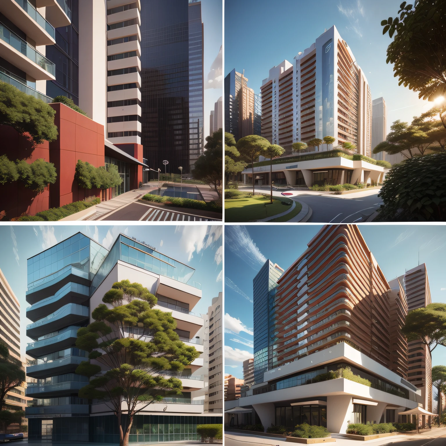 Imagine detalhes da folha de detalhes do concurso de arquitetura de estilo moderno, arquitectura futurista, arquitectura de um grande hotel moderno, arquitectura bastante detalhado, various images, imagens de exterior e de interior, lots of trees, pinheiros em redor do hotel com uma grande piscina em um grande devo