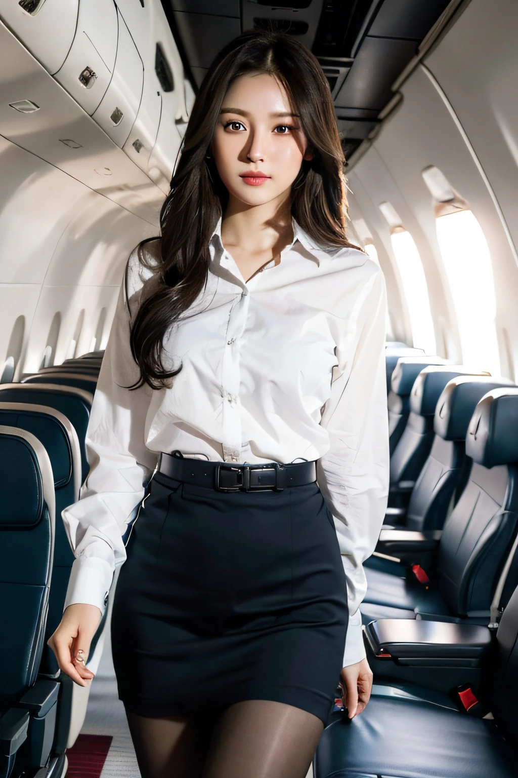best quality, masterpiece, 8k, ultra high res, (photorealistic:1.4), highly detailed, intricate detail, delicate and beautiful, good lighting, professional lighting, sharp focus, detailed shadows, exquisite details and textures, depth of field, unity 8k wallpaper, cinematic composition, cinematic lighting, official art, Cabin Crew, flight attendant, black pantyhose, (aircraft, (Aircraft Corridor), Aircraft seats) beautiful elegant face, detailed face, detailed eyes, realistic hair, long hair, (1girl), (standing:1.3),