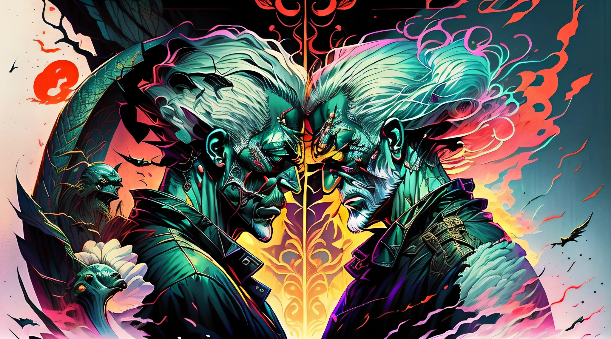 stoic two versions of a person, the good one, and the evil one, both looking to other face