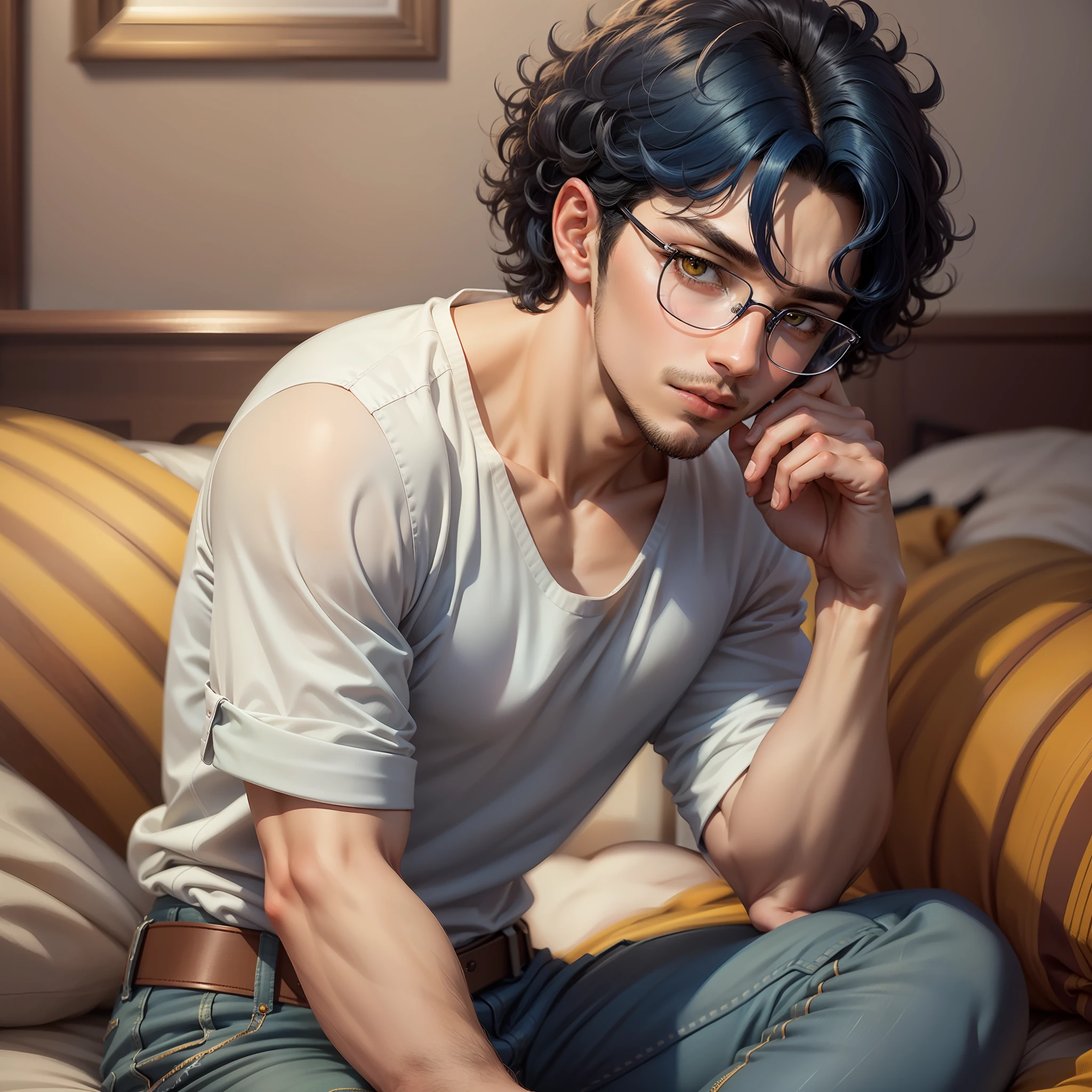 Handsome male, soft features, dark blue hair, curly hair, short hair, yellow eyes innocent look, doe eyes, black shirt, navy blue pants, sitting on bed, detailed hands, twink, thick framed blue glasses