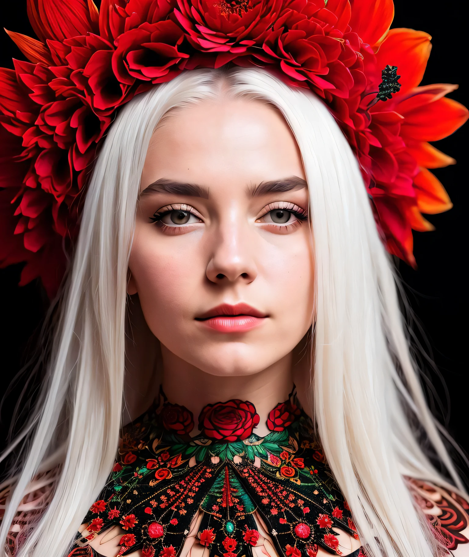 RAW photo, a close up portrait photo of
beautiful young woman with white hair with red flower crown, + Black paper with intricate and vibrant red line work:: Tarot Card:: Mandelbulb Fractal + Exquisite detail, ultra soft pastel
(high detailed skin:1.2), 8k uhd, dslr, soft lighting, high quality, film grain, Fujifilm XT3