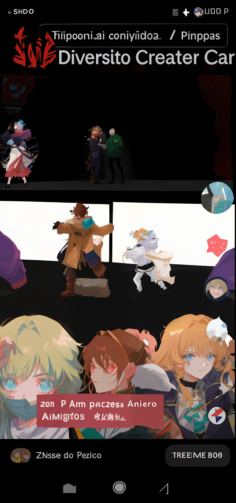 captura de tela de um personagem de desenho animado com uma legenda de um grupo de pessoas, ig studios estilo anime, azeitona holanda, VRCabord, de arknights, anime vibes, anime convention, trending at cgstation, Anime Party do Amigo da Sabedoria, Eram oito pessoas do anime, dancing in the background, tiktok video, modelo live2d youtuber virtual, low quality video --auto