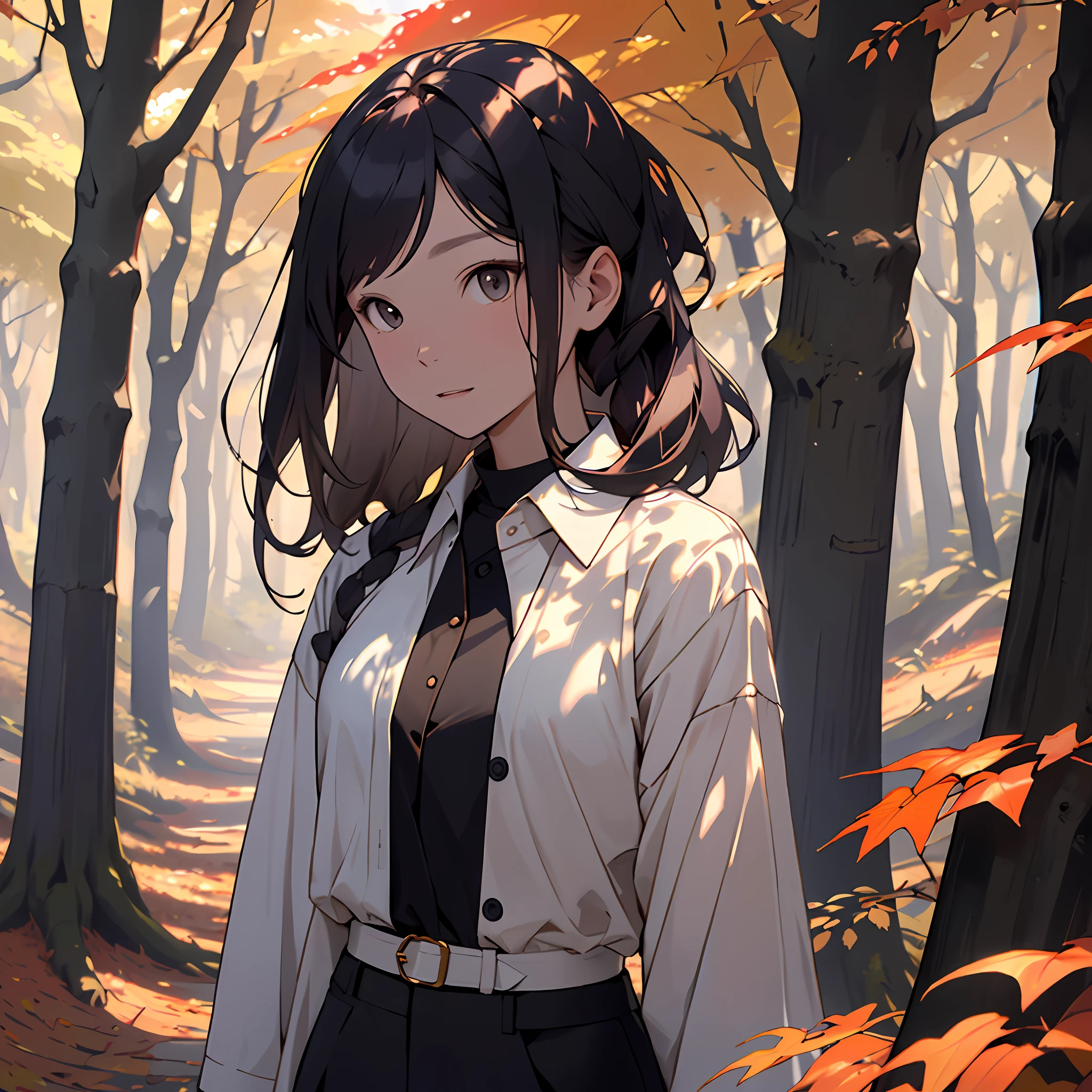 realisitic、((Forest of autumn leaves))、Woman in the forest and sunshine, a 20 yo woman、shorth hair, Nice hairstyle, Nice clothes、Looking at the camera、Colored leaves