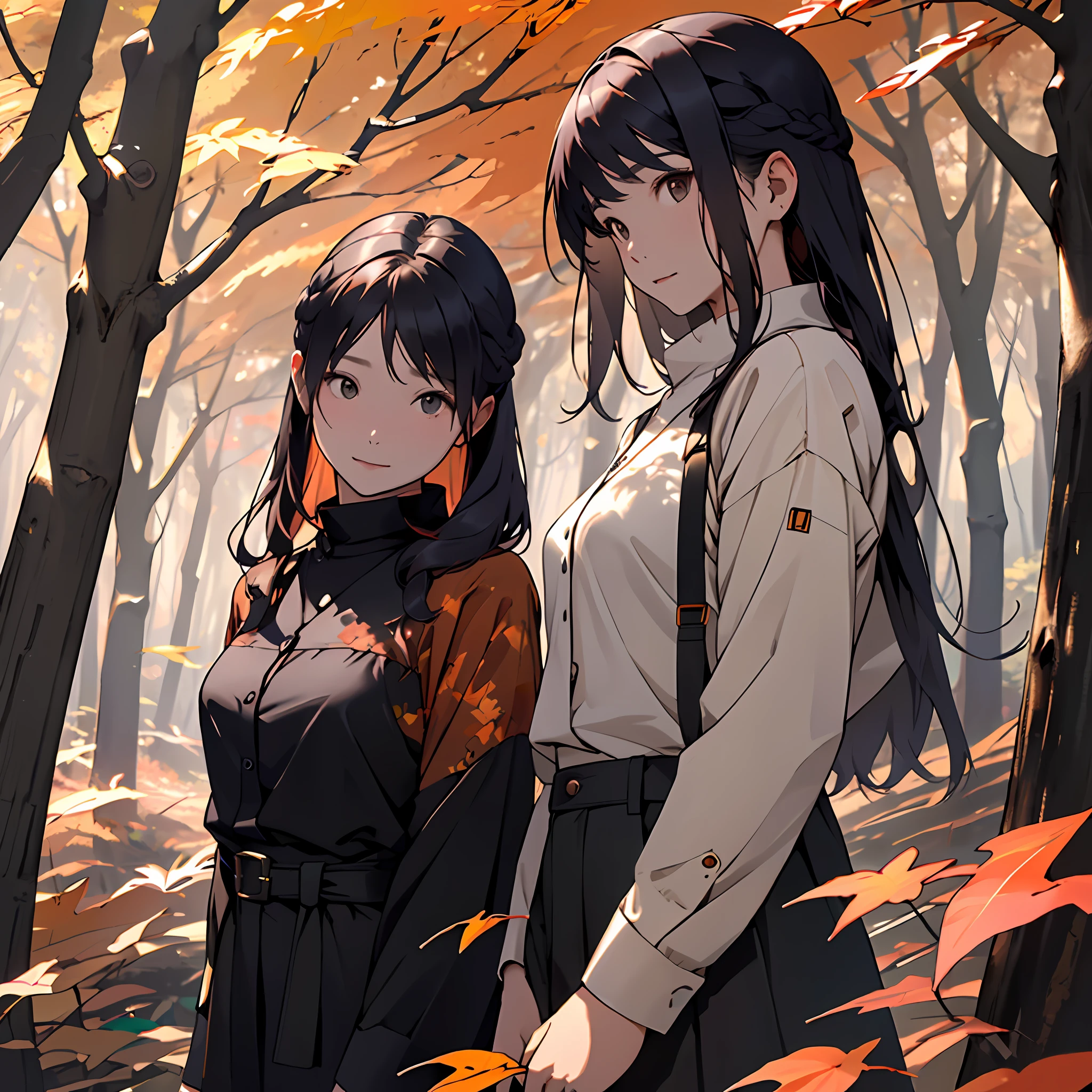 realisitic、((Forest of autumn leaves))、Woman in the forest and sunshine, a 20 yo woman、shorth hair, Nice hairstyle, Nice clothes、Looking at the camera、Colored leaves