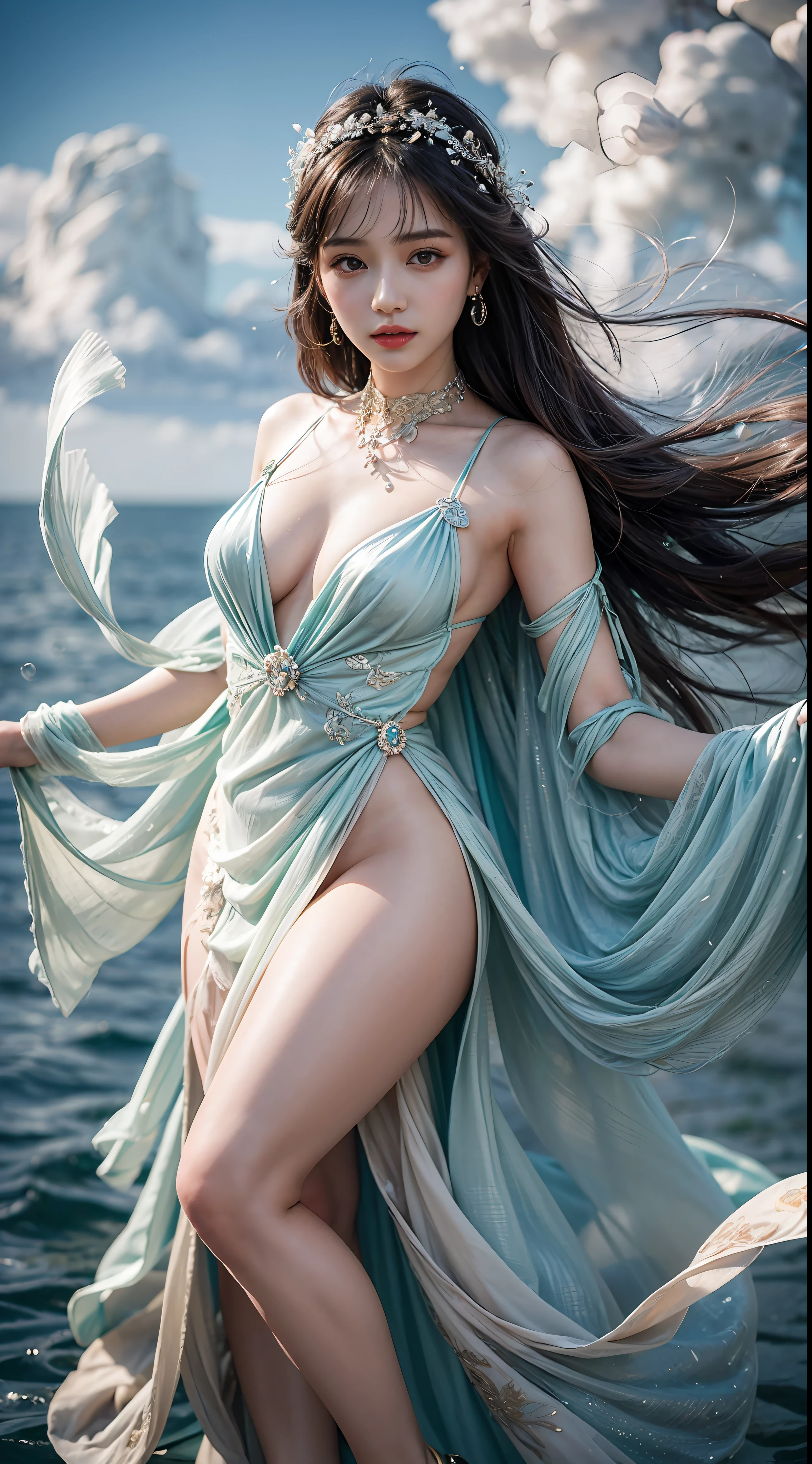 (8k, RAW photo, photorealistic:1.25) ,( lip gloss, eyelashes, glossy side, shiny skin, best quality, ultra high resolution, depth of field, chromatic aberration, caustic, wide light, natural shadow, Kpop idol) ,light pink and light blue style, 1girl, (Sky Witch: 1.5), wearing a dress, tall and thin beauty goddess, flowing dress, flowing dress, cloud goddess, flowing reality fabric, sky doll Noah, flowing aqua green silk, beautiful flowing fabric, stunning young ethereal figure, wearing flowing dress, long flowing fabric, beautiful young woman in reality, flowing fabric, blue sky in the background, (full body: 1.5), yangmi