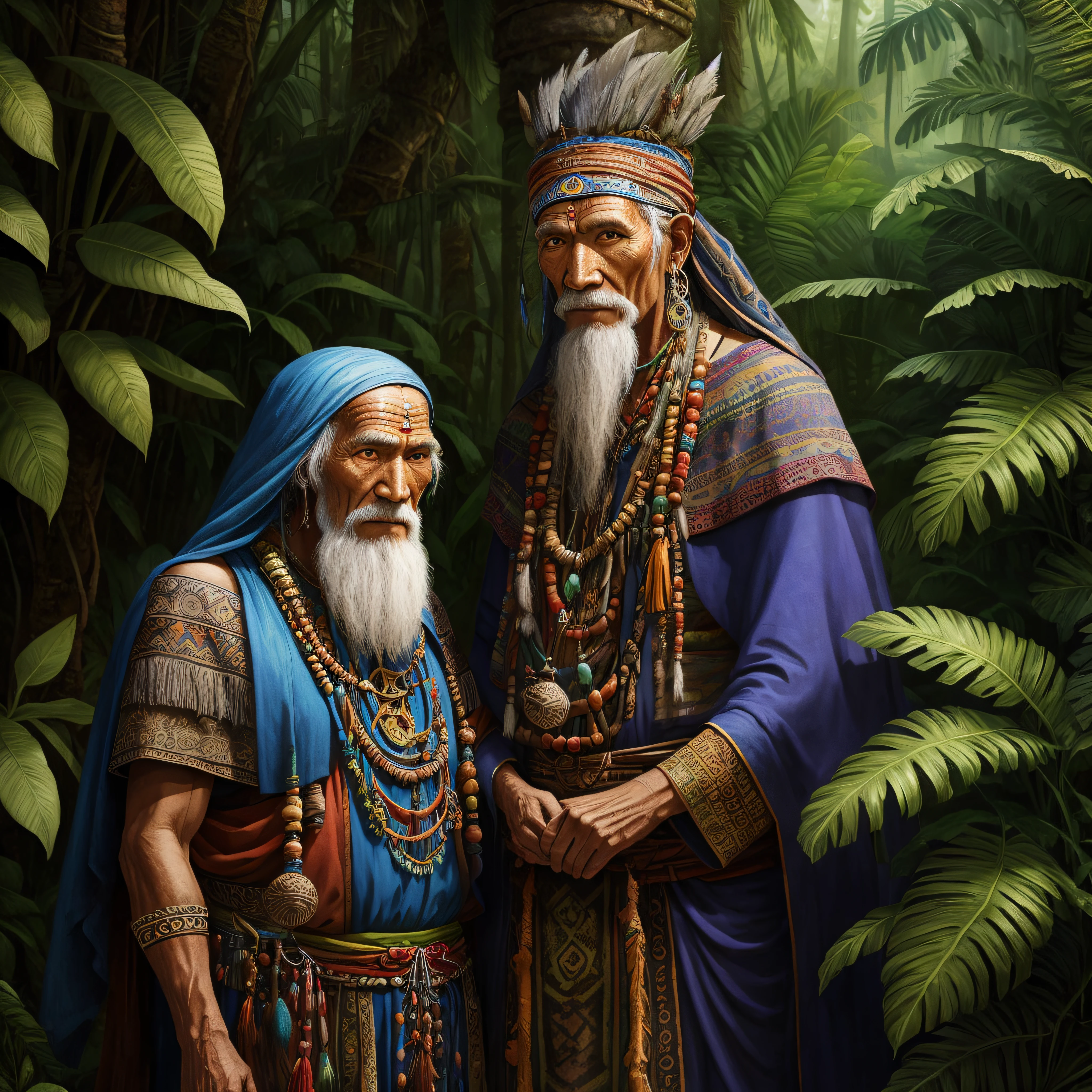 old shaman man and his wife, mystic, jungle background, photorealistic , detailed --auto