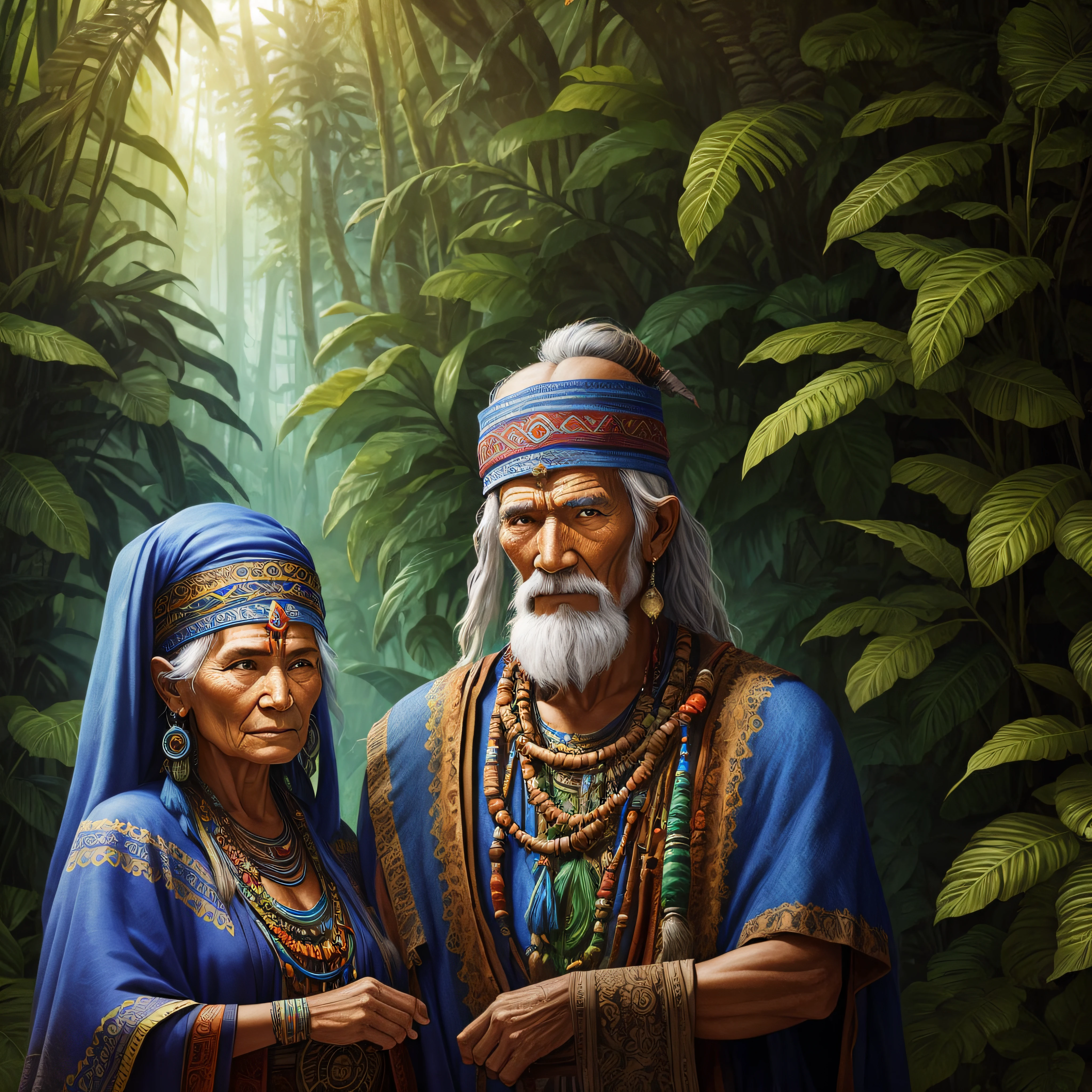 old shaman man and  his wife, mystic, jungle background, photorealistic , detailed --auto