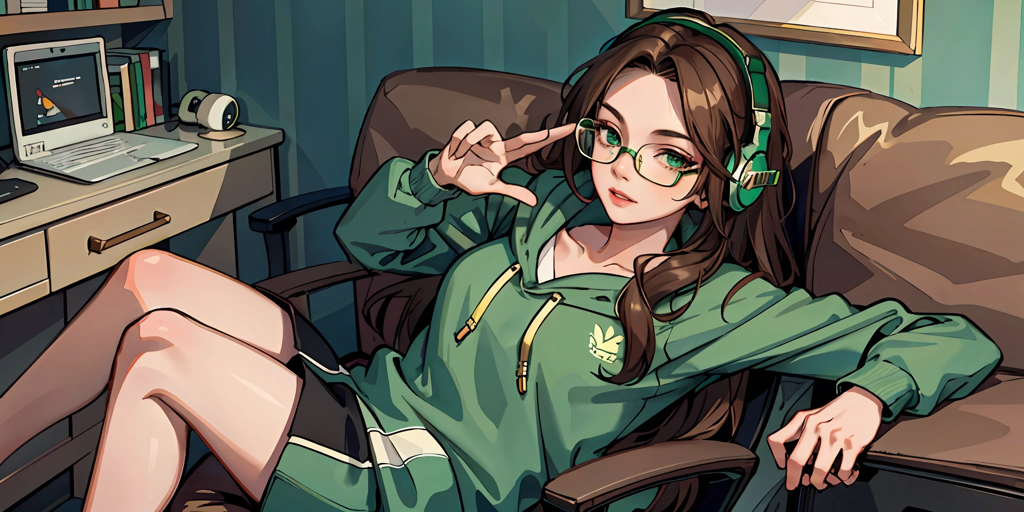 (masterpiece:1.2, best quality), (1lady, solo:1.2), brown hair, long hair, glasses, green eyes, headphone, green hoodie, room
