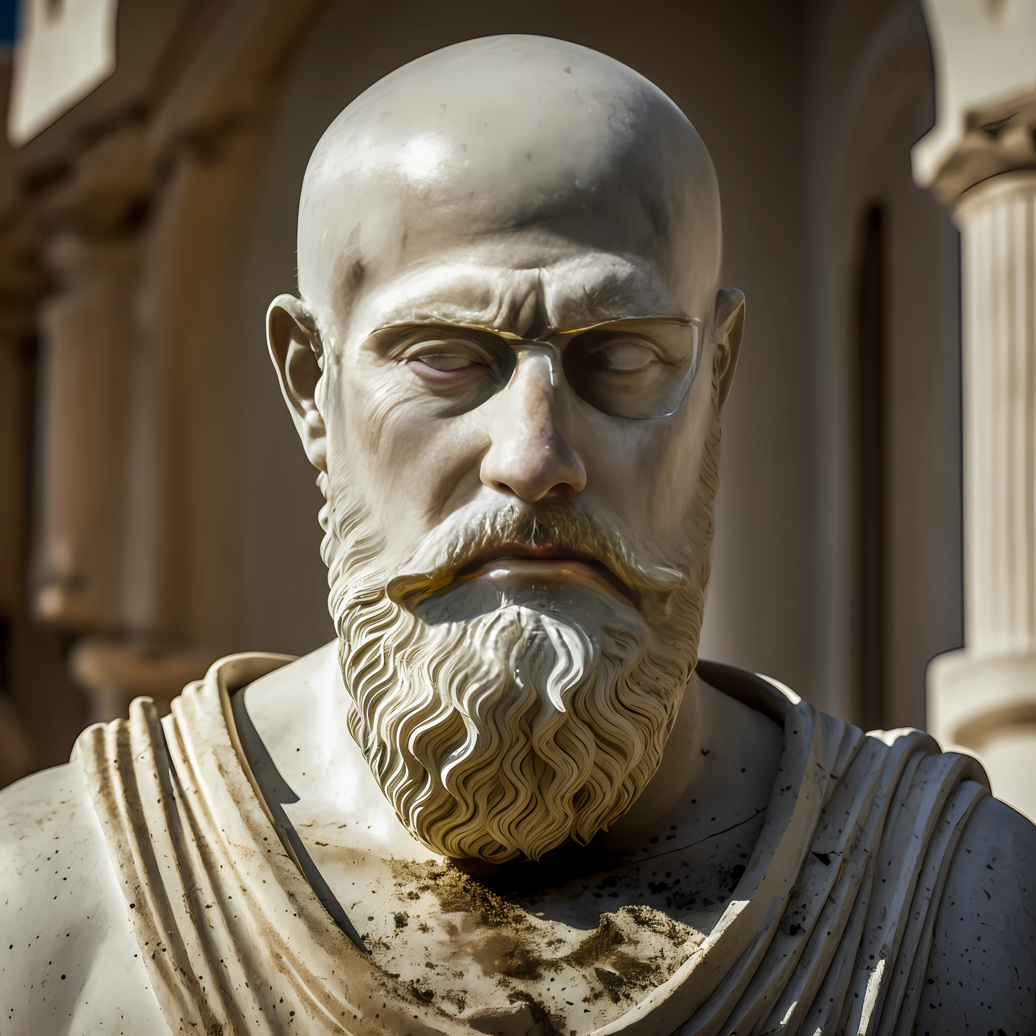 marble sculpture of the face of a Greek god ((bearded and bald)) in a destroyed place, cinematography, epic light and shadow, lots of contrast, professional photography