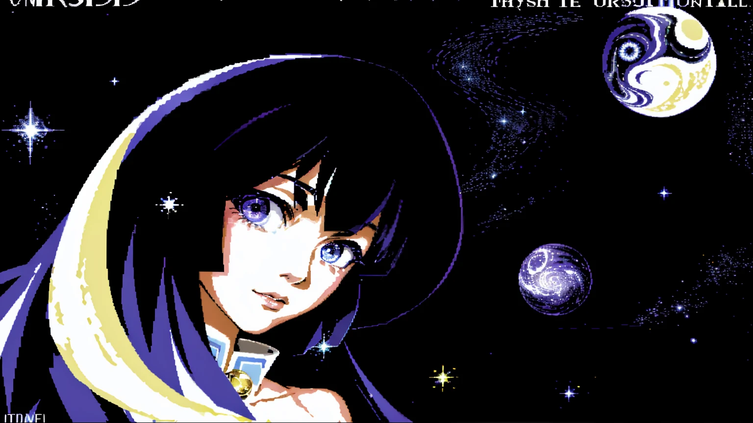 Logo says: Mystery. Art by Toshio Maeda. A Starry Night shirt design of a evil galactic anime white girl, high quality, paint splatter, UHD, Luminous Studio graphics engine, violete, black background