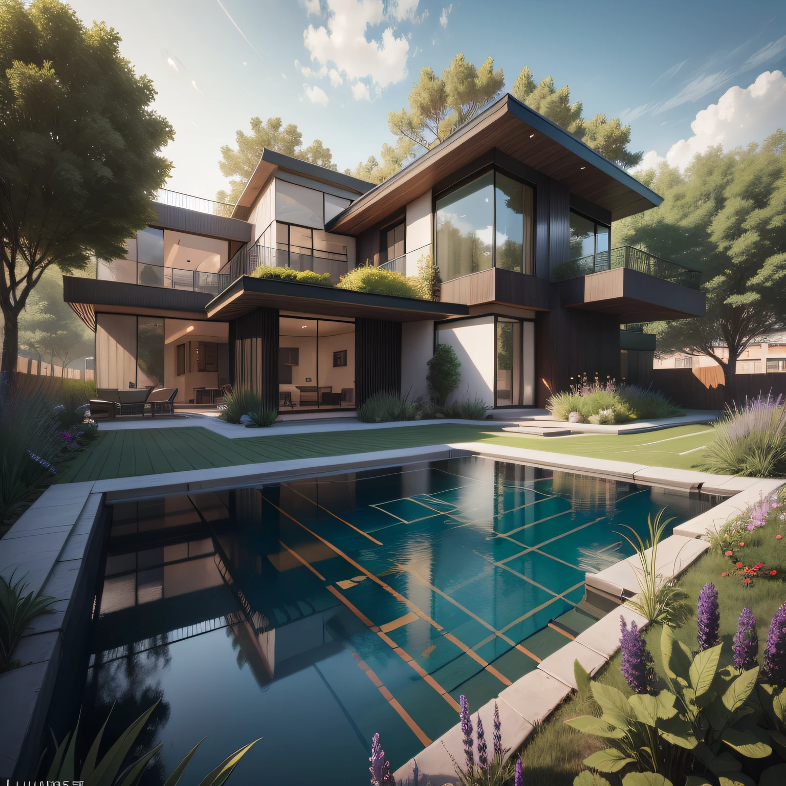 Organic modern architecture on a fairly large plot, from , there is a swimming pool in the middle of a large house of a flower, color of the house in chocolate brown and black beams, large modern residence, flat roofs and garden, render luxcore, render oktane, a photorealistic rendering, architectural rendering, mantra rendering, architectural rendering, realistic rendering, architectural visualization, wellness pool, Architectural visualization, large green zones, with small zones of lavender flowers, green shrubs type lush green garden, as well as small water mirrors, swimming pool embedded in an area of sand, olive and pine trees around the house, paddle court next to the house