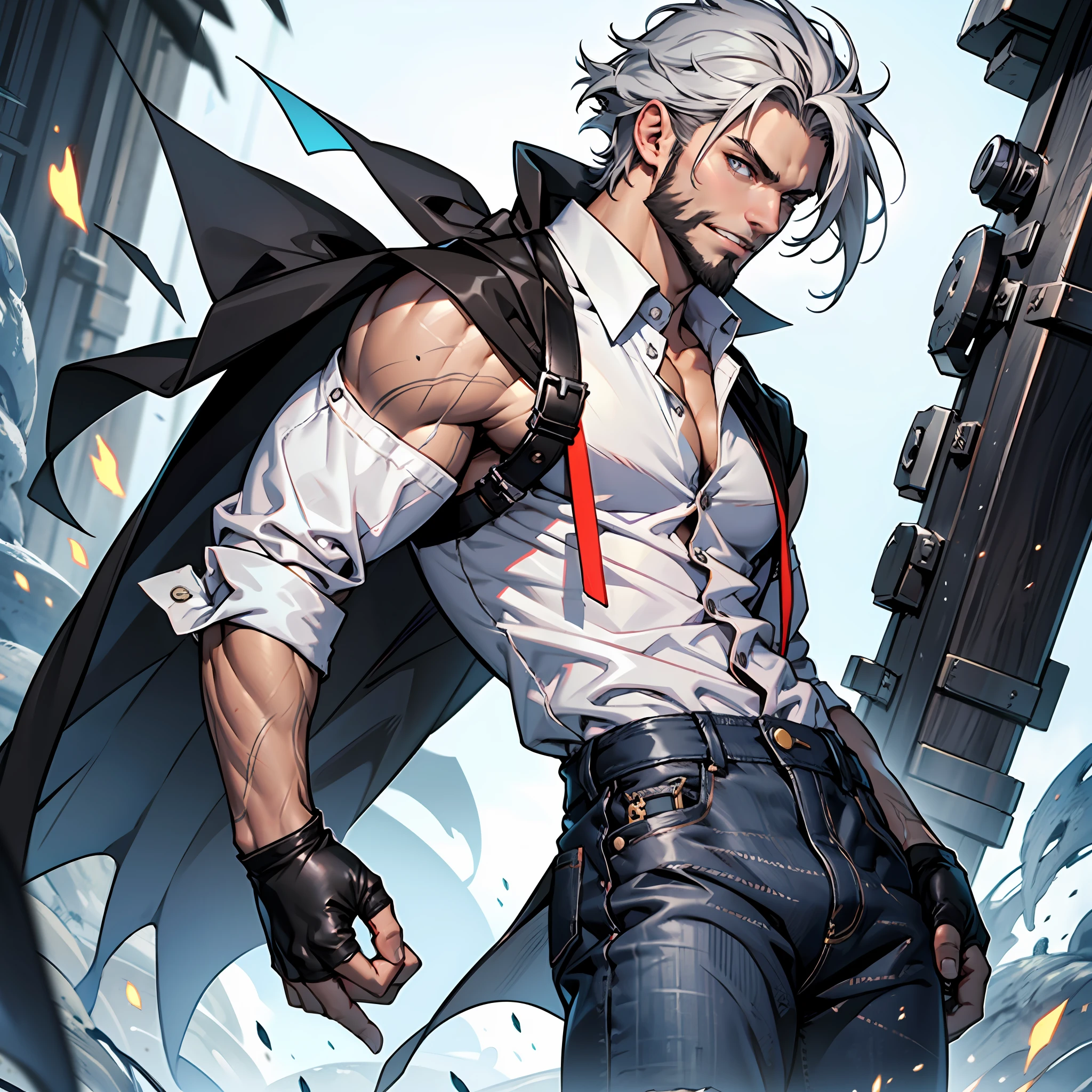 1male, solo male, adult, black scruffy stubble beard, cool black hair, white hair highlights, grey pupils, brown skin, handsome, semi-fit physique, tall, smirk, y expression. Clothing: white sleeveless butthirt, separated sleeves, fingerless gloves, dark grey coat hanging off his shoulder like a cape, black jeans, dark brown boots. Wizard aesthetic. Asian sorcerer. Battle pose. Magic symbols floating in the background. Hand holding magic. Hi res. Best quality. Masterpiece. Manhua artwork. Light Novel Character. Correct anatomy. Correct hand anatomy. Five fingers each hand. Best quality. Ultra high res drawing. Masterpiece. Best illistration.