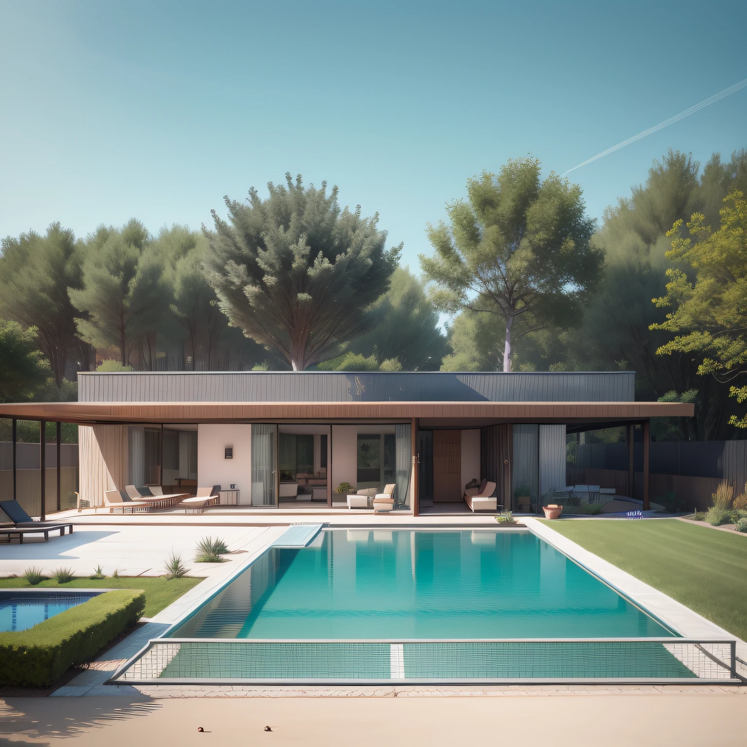Organic modern architecture on a fairly large plot, from , there is a swimming pool in the middle of a large house of a flower, color of the house in chocolate brown and black beams, large modern residence, flat roofs and garden, render luxcore, render oktane, a photorealistic rendering, architectural rendering, mantra rendering, architectural rendering, realistic rendering, architectural visualization, wellness pool,  Architectural visualization, large green zones, with small zones of lavender flowers, green shrubs type lush green garden, as well as small water mirrors, swimming pool embedded in an area of sand, olive and pine trees around the house, paddle court next to the house