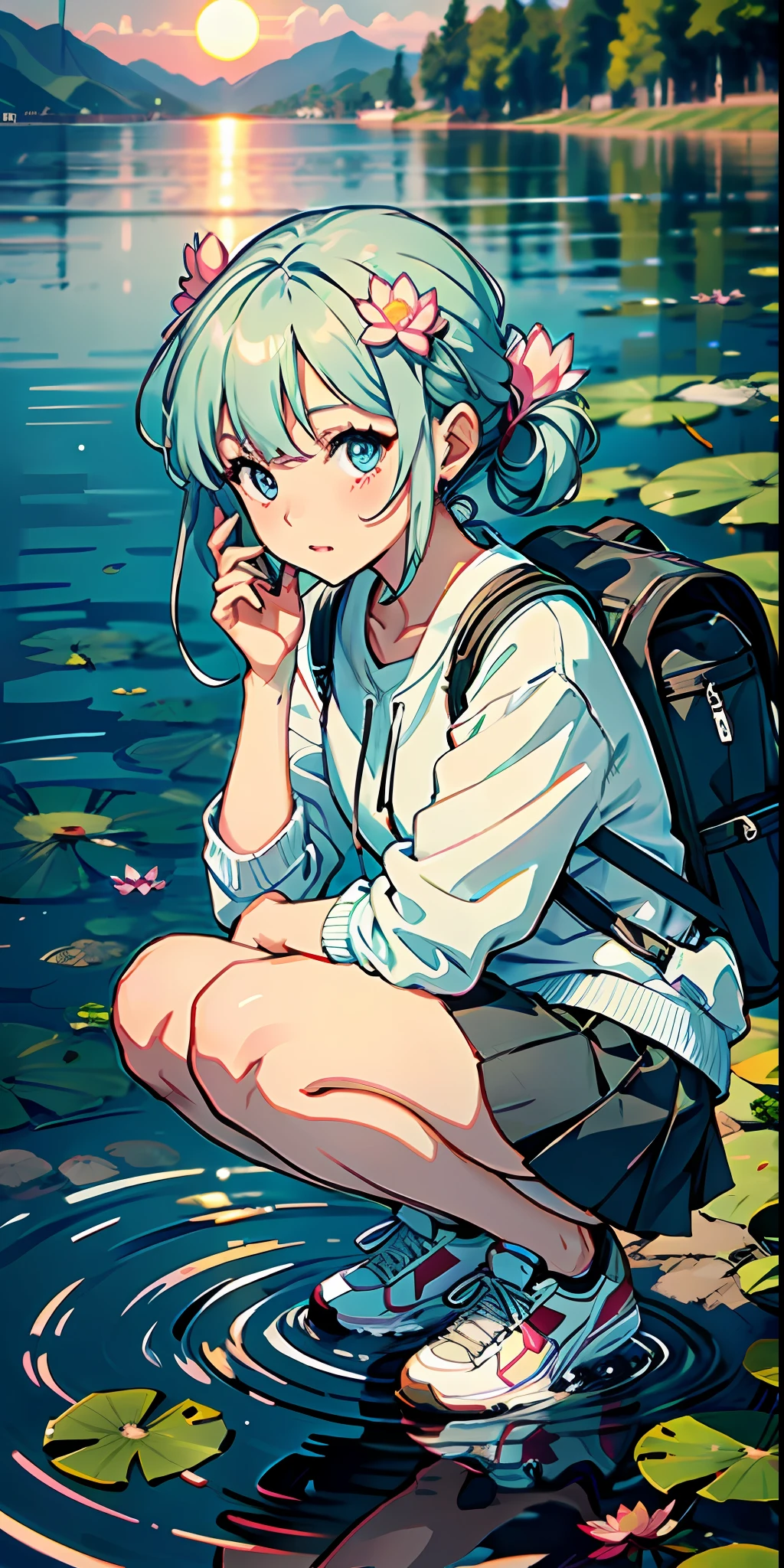 An anime girl，Wear a white sweatshirt and pleated skirt，Black knee-length stockings and sneakers，Bring a blue backpack，The character squats on the shore of the lake，Look down with your head down，The surface of the water is microwaved，，There are seven small carp in the water，There are lotus flowers on the lake，the sunset，best qualtiy，Need，ssee-through，tmasterpiece，Beautiful