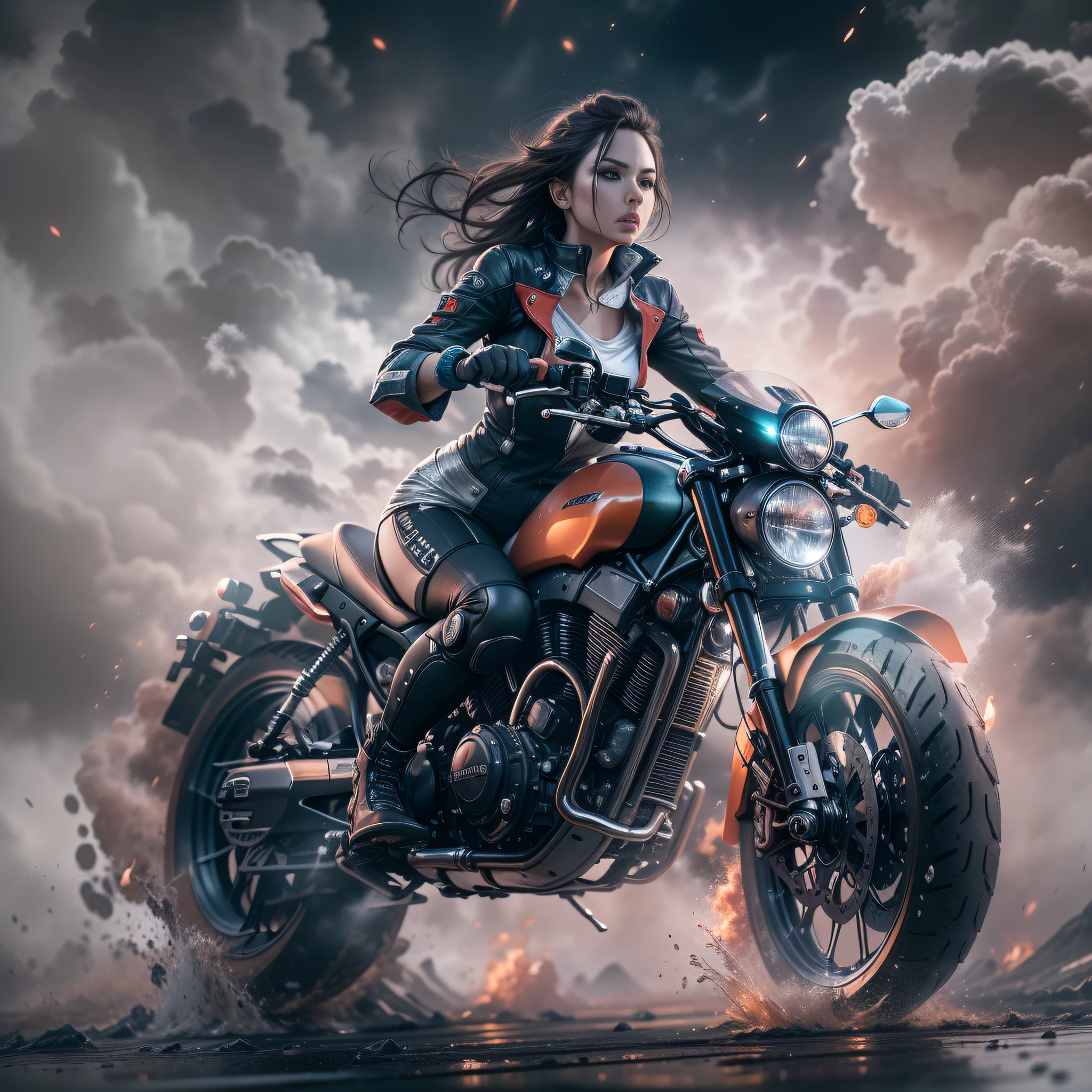 engine, fantastica, beautiful woman, action poses, full body, melted in speed motorcicle, ina cloudy nebula, splash , liquid style. Perfect faces, amazing body, High definition 8K engine